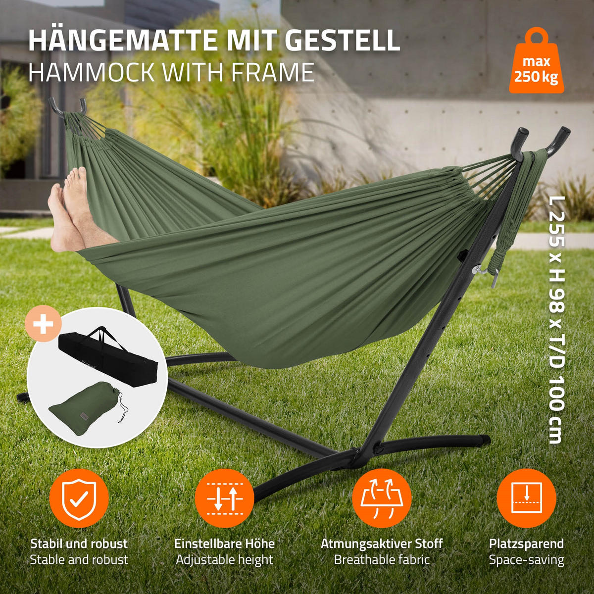 HÄNGEMATTE khaki - Grün, Metall (99/98/255cm) - ML-DESIGN