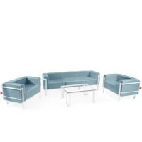 GARTENLOUNGE-SET TRIGLO 1x Tisch, 2x Sessel, 1x Sofa 3-Sitzer, 4-tlg., Modern, Weiß - Blau/Weiß, Glas/Textil - KONSIMO®
