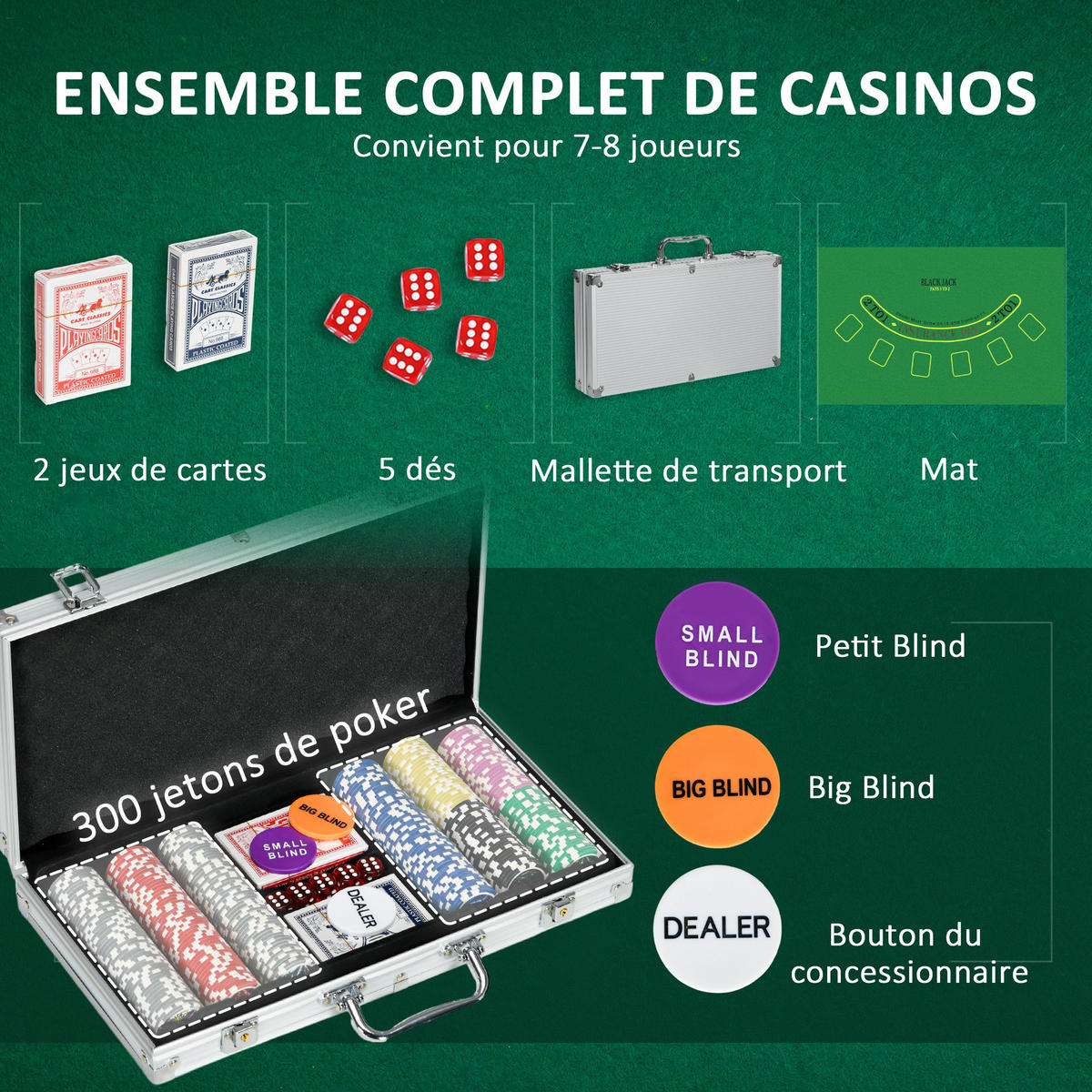 POKERKASETTE DE-18661 300 Jetons, abschließbar mit Filztisch - Silberfarben, Metall (23/38.5cm) - ComfortXL