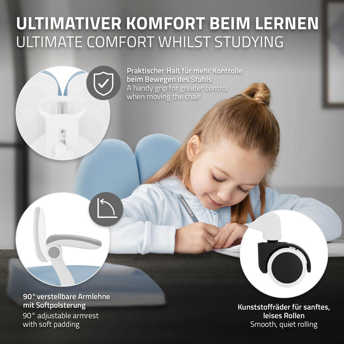 DĚTSKÁ ŽIDLE K PSACÍMU STOLU Modrá 95–107 cm z polyesteru - bílá/modrá, textil/plast (53/107/53cm) - ML-DESIGN
