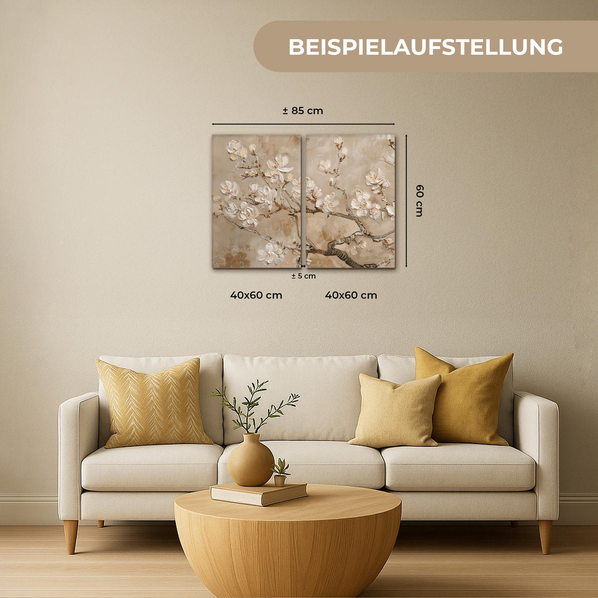 OBRAZ NA PLÁTNĚ 2dílná sada Béžová - Blossom - Moderní 80x60 cm - béžová, textil (80/60cm) - MuchoWow