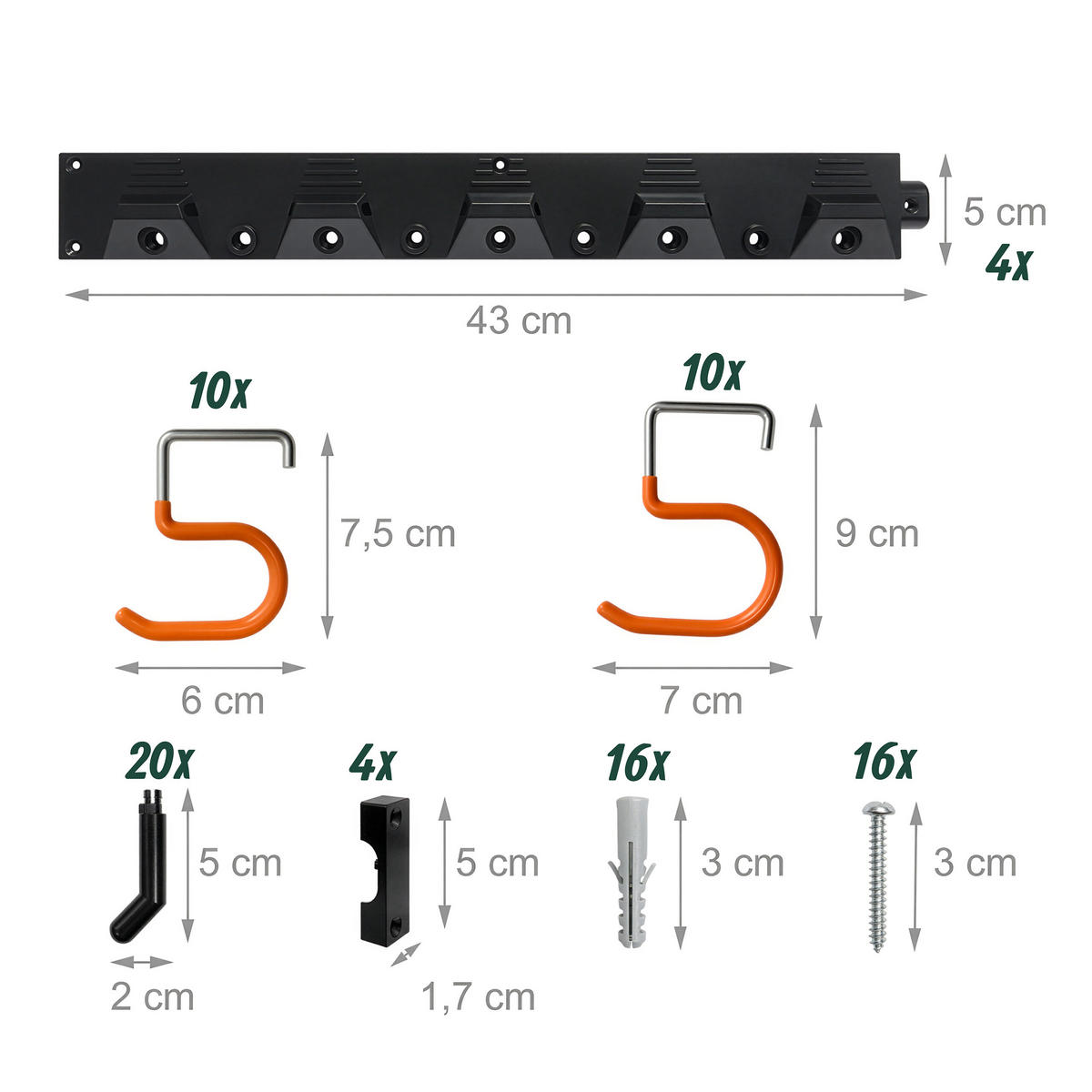 GARTENGERÄTEHALTER Schwarz Orange 20 Haken Wand 43 cm - Schwarz, Kunststoff/Metall (43/5/2cm) - Relaxdays