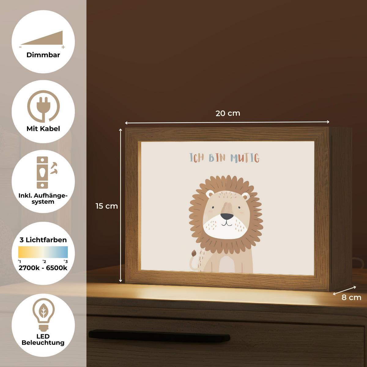 WANDLEUCHTE Löwe - Beige - Tier - Mutig - Zitat 20x15 cm - Beige, Holzwerkstoff (20/15/8cm) - OnlyWow