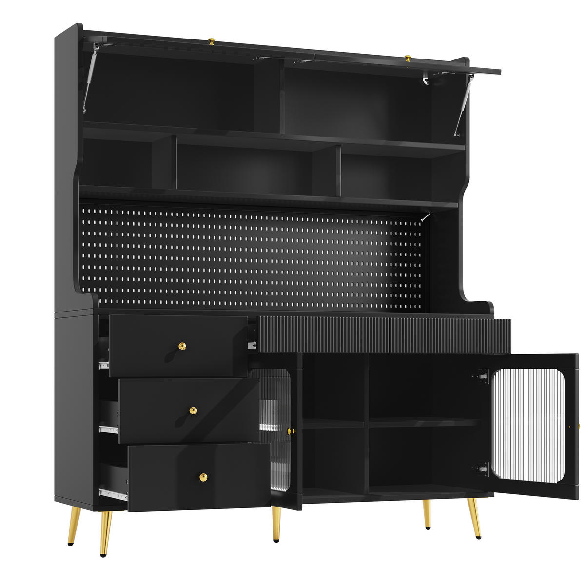 KÜCHENSCHRANK Schwarz mit LED & App-Steuerung, Lift-up-Glastüren & Lochwand - Schwarz, Holzwerkstoff (145/71/39cm) - Urban Meuble