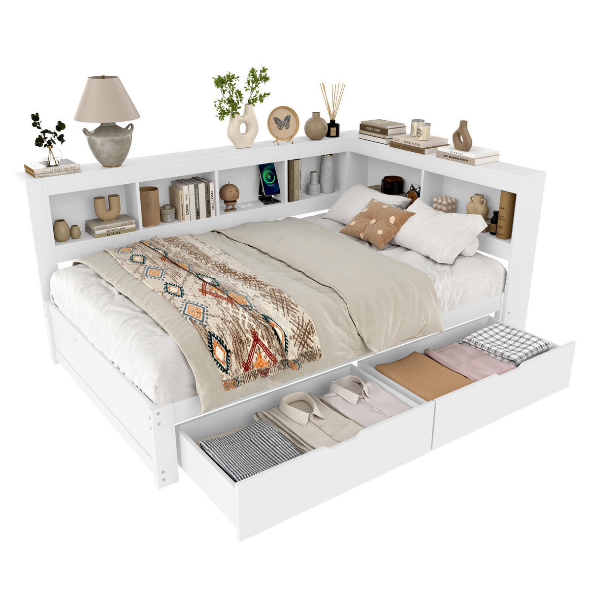 POLSTERBETT aus MDF und Kiefernholz 140x200 cm in Weiß mit 2 Schubladen & USB - Weiß, Holz (140/200cm) - Modfu