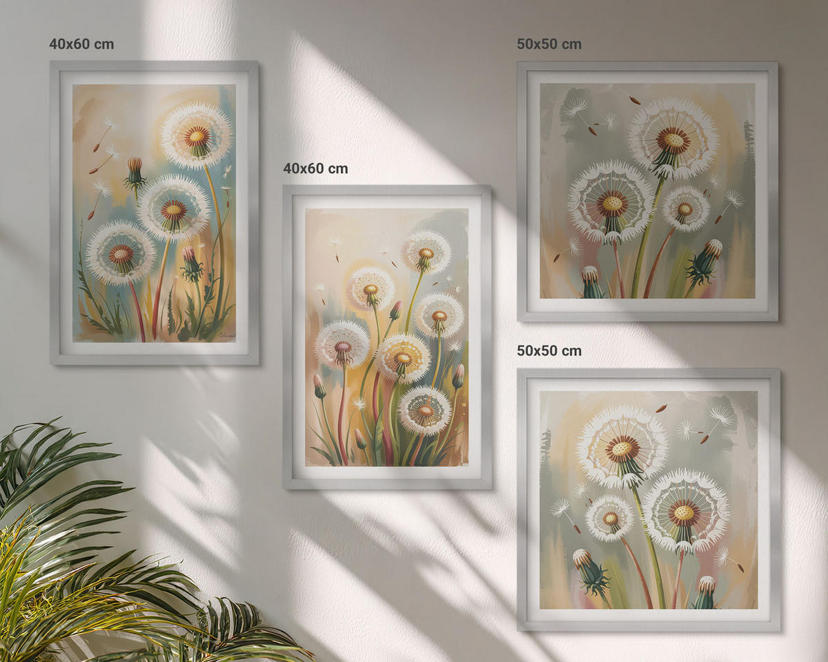 BILDER SET 4er Set - 50x50 cm & 40x60 cm Silberner Rahmen - Löwenzahnblüten, pastellfarbene Gräser - Silberfarben, Kunststoff (50/50cm) - TULUP
