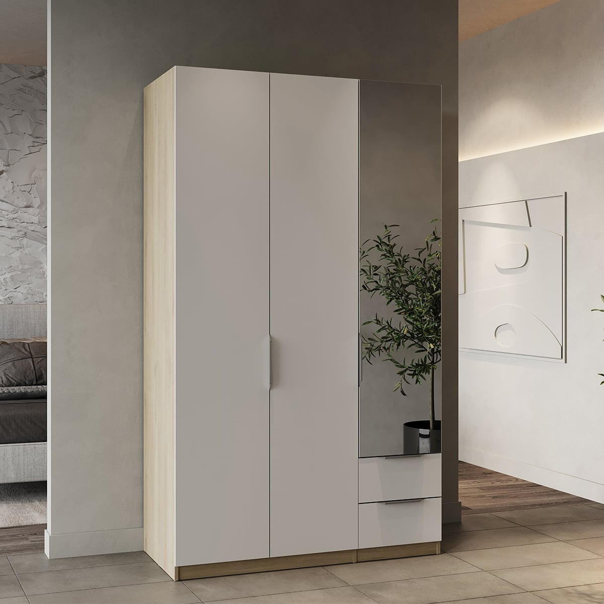 KLEIDERSCHRANK 3-türig mit Spiegel - GHOST - Weiß und Eiche - 119,4 x 203 x 51,1 cm - Weiß/Sonoma Eiche, Holz (119/203/51cm) - Demeyere