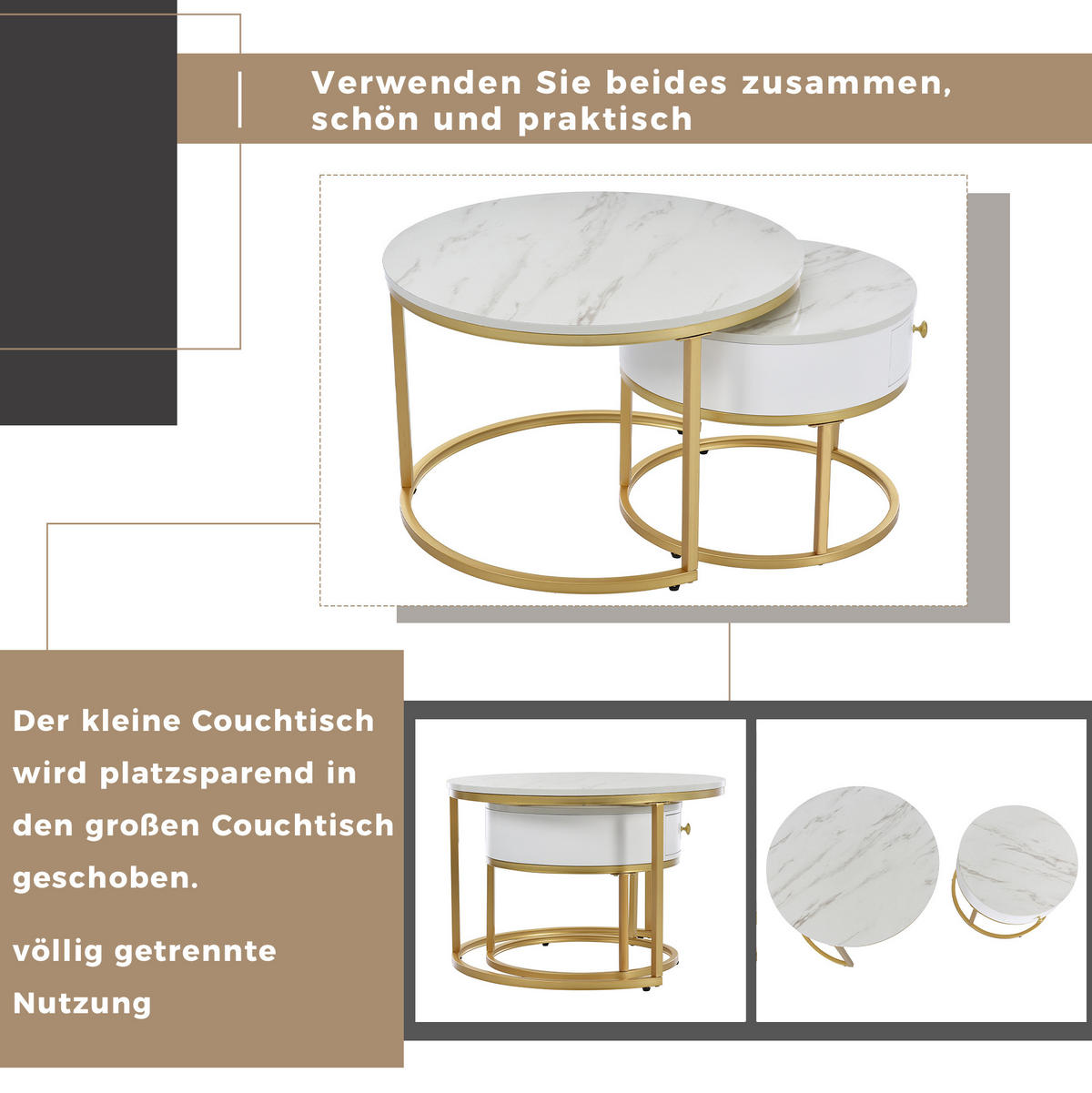 COUCHTISCH-SET aus MDF 70x70x48 cm Weiß, 2-teilig mit Marmormuster - Weiß, Holzwerkstoff (70/70/48cm) - IVMEU