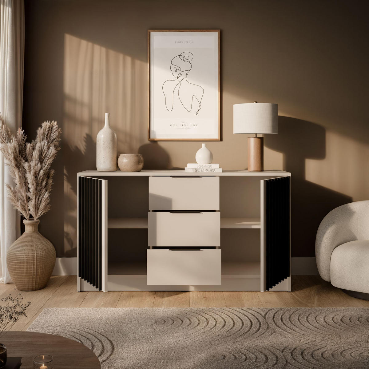 KOMMODE NELA, zweitürig mit Lamellen, Kaschmir/Schwarz - Kaschmir, Holzwerkstoff (155/86/45cm) - Lookway