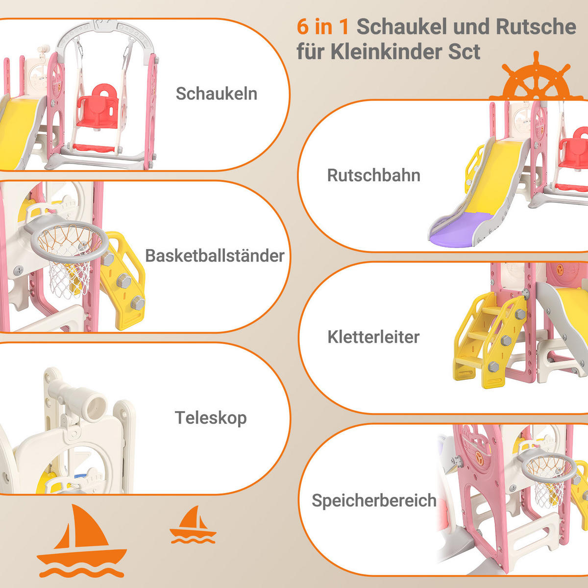 6-IN-1 RUTSCHE Kinder Rosa Mit Klettergerüst, Schaukel & Teleskop - Rosa, Holz (150/115/150cm)