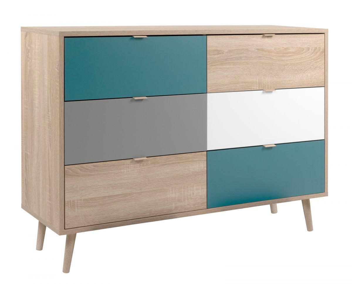SCHUBLADENKOMMODE Eiche Sonoma, Petrol, weiß, grau, Kommode Tricolor skandinavisch - Eichefarben/Petrol, Holz/Holzwerkstoff (120/87/40cm) - Furn.Design