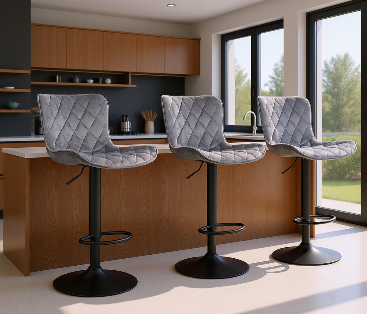 BARHOCKER 2er Set Emil Samt dunkelgrau - Schwarz/Grau, Textil/Metall (48/107/54cm) - TPFLiving