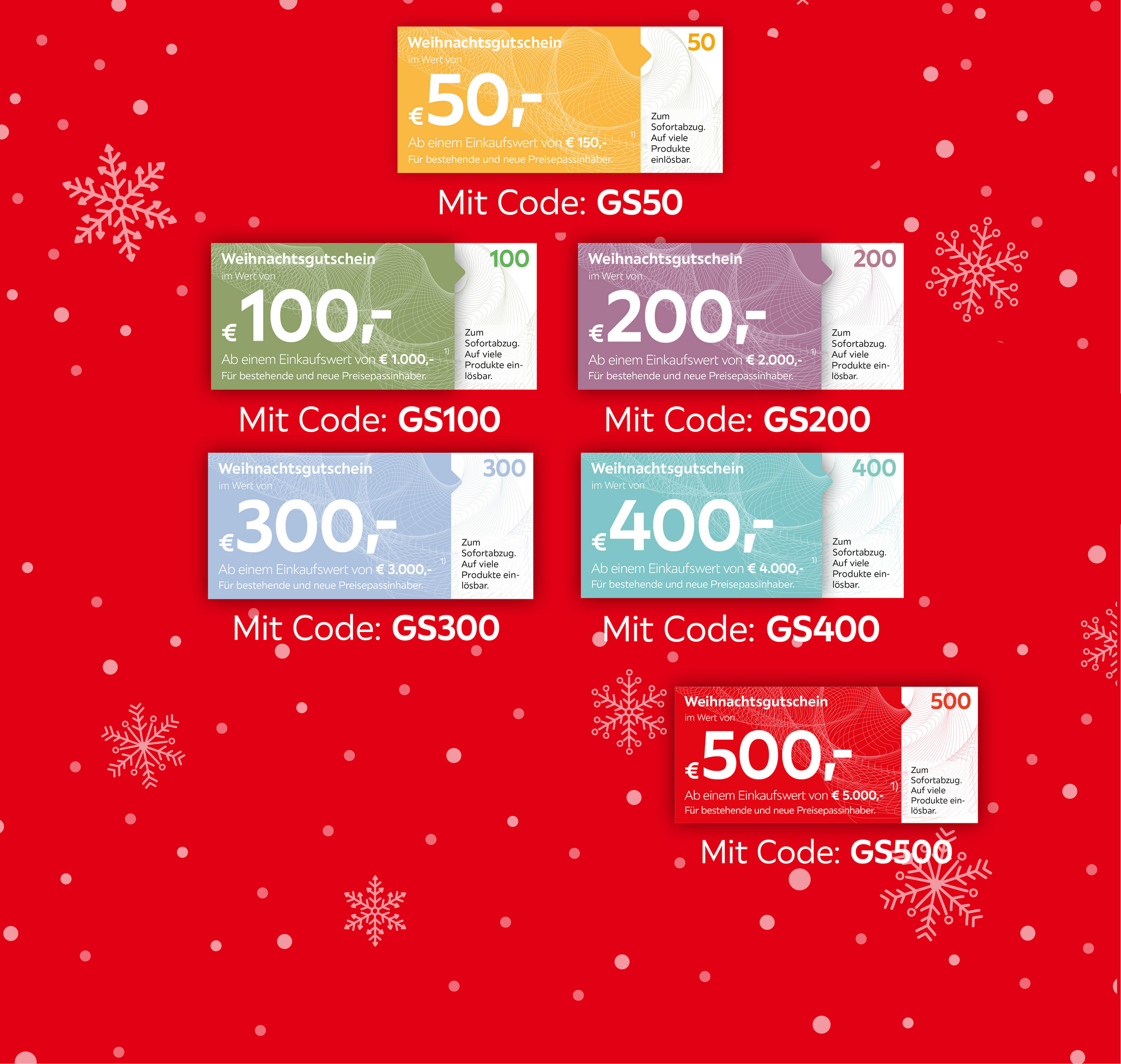 Weihnachtsgutschein im Wert von €50, €100, €200, €300, €400, €500, mit Code: GS50, GS100, GS200, GS300, GS400, GS500; Zum Sofortabzug; auf viele Produkte einlösbar; für bestehende und neue Preisepassinhaber