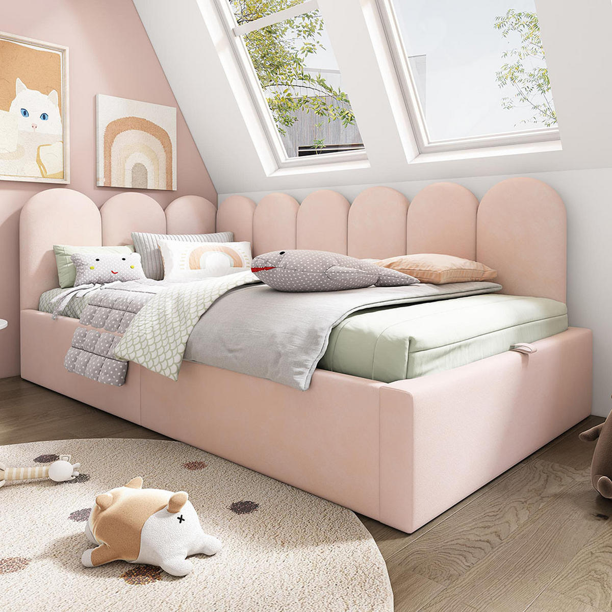 KINDERBETT 90x200 cm mit Metall-Lattenros in Rosa - Pink, Textil/Metall (90/200cm) - KOMHTOM