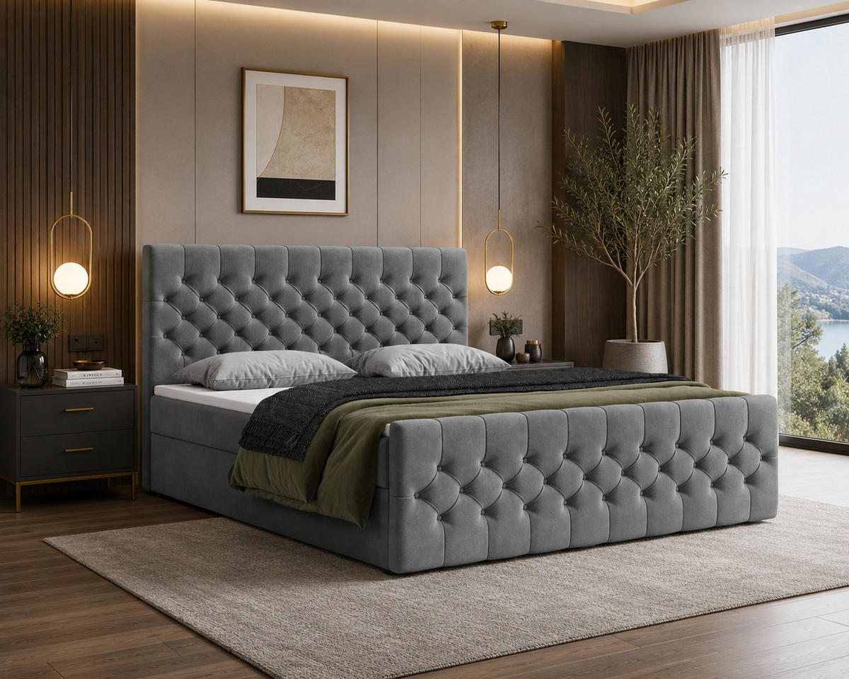 BOXBETT 12 140 x 200 cm - Manila - Modernes Polsterbett mit Bettkasten inkl. PU-Schaum-Topper und Federmechanismus - Graphitfarben, Holz (140/200cm) - ROYAL24_MARKT