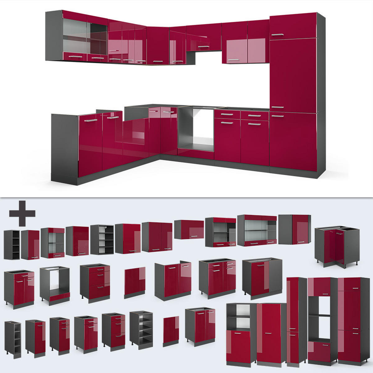ECKKÜCHE R-Line Bordeaux Hochglanz/Anthrazit 227 x 287 cm, AP Marmor - Bordeaux/Anthrazit, Holzwerkstoff (287/81.6/60cm) - Vicco