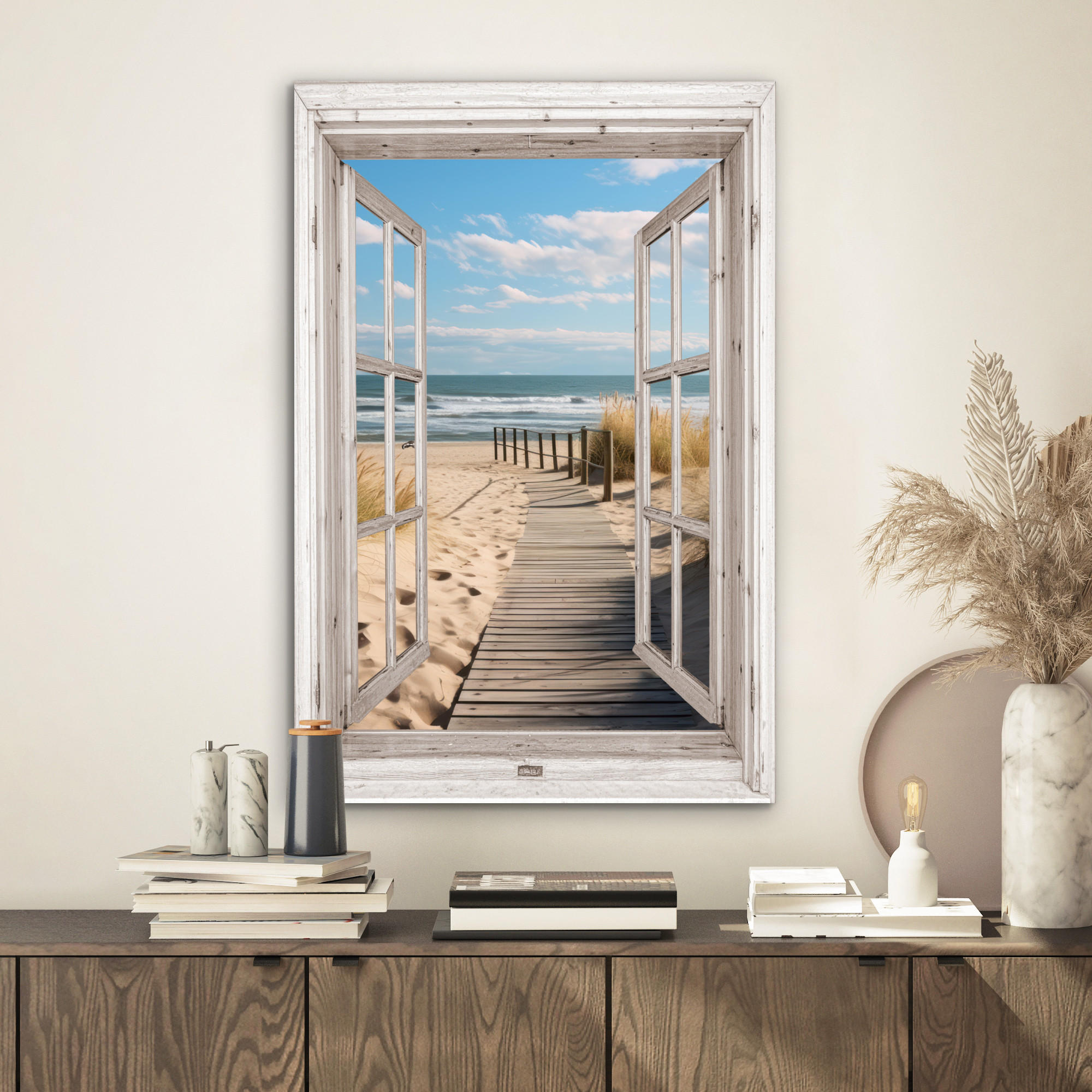 METALLBILD Fenster - Meer - Küste - Natur - Ausblick - Strand - Wattenmeer 40x60 cm - Beige, Metall (40/60cm) - MuchoWow