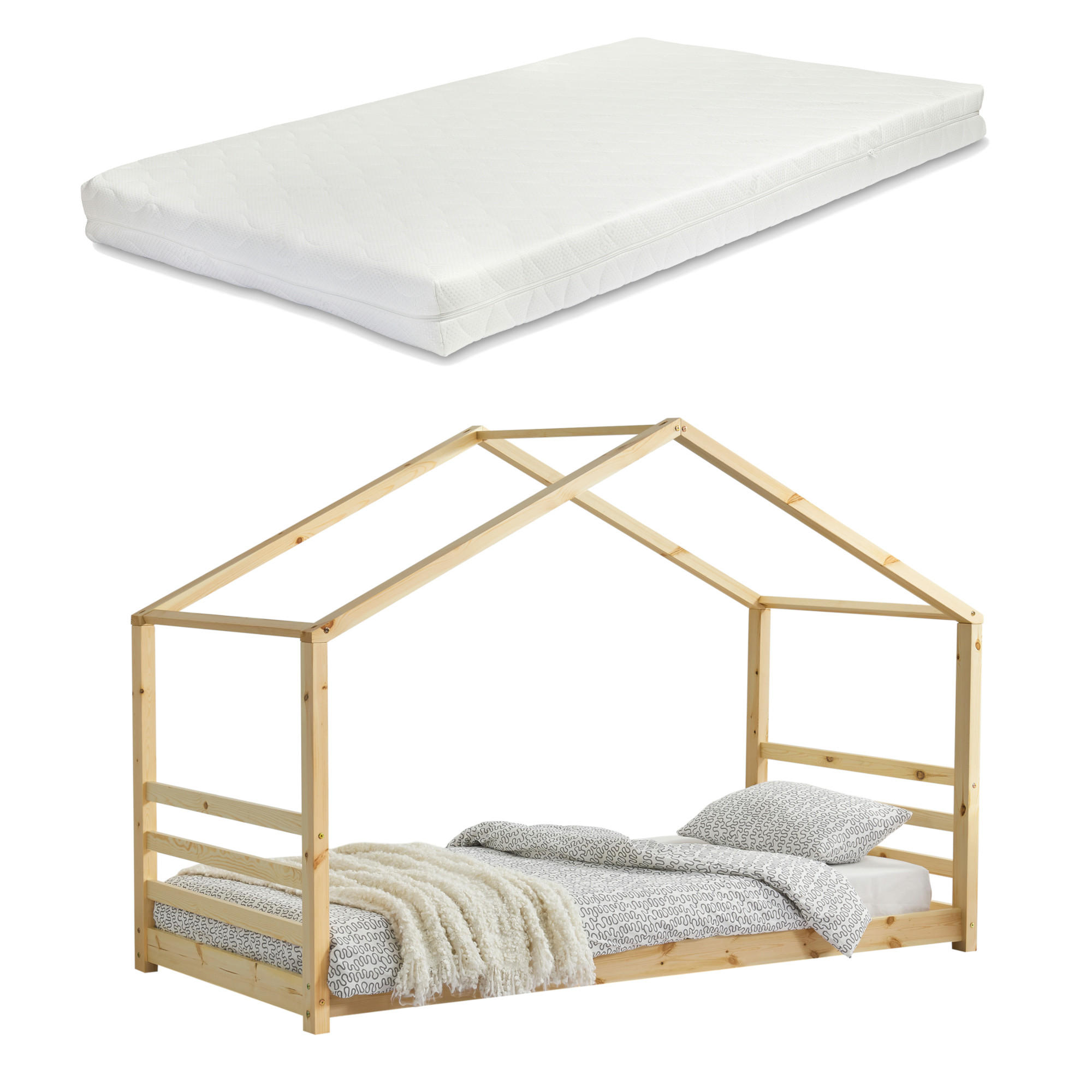HAUSBETT Vardø mit Matratze - Naturfarben, Holz/Textil (90/200cm) - [en.casa]