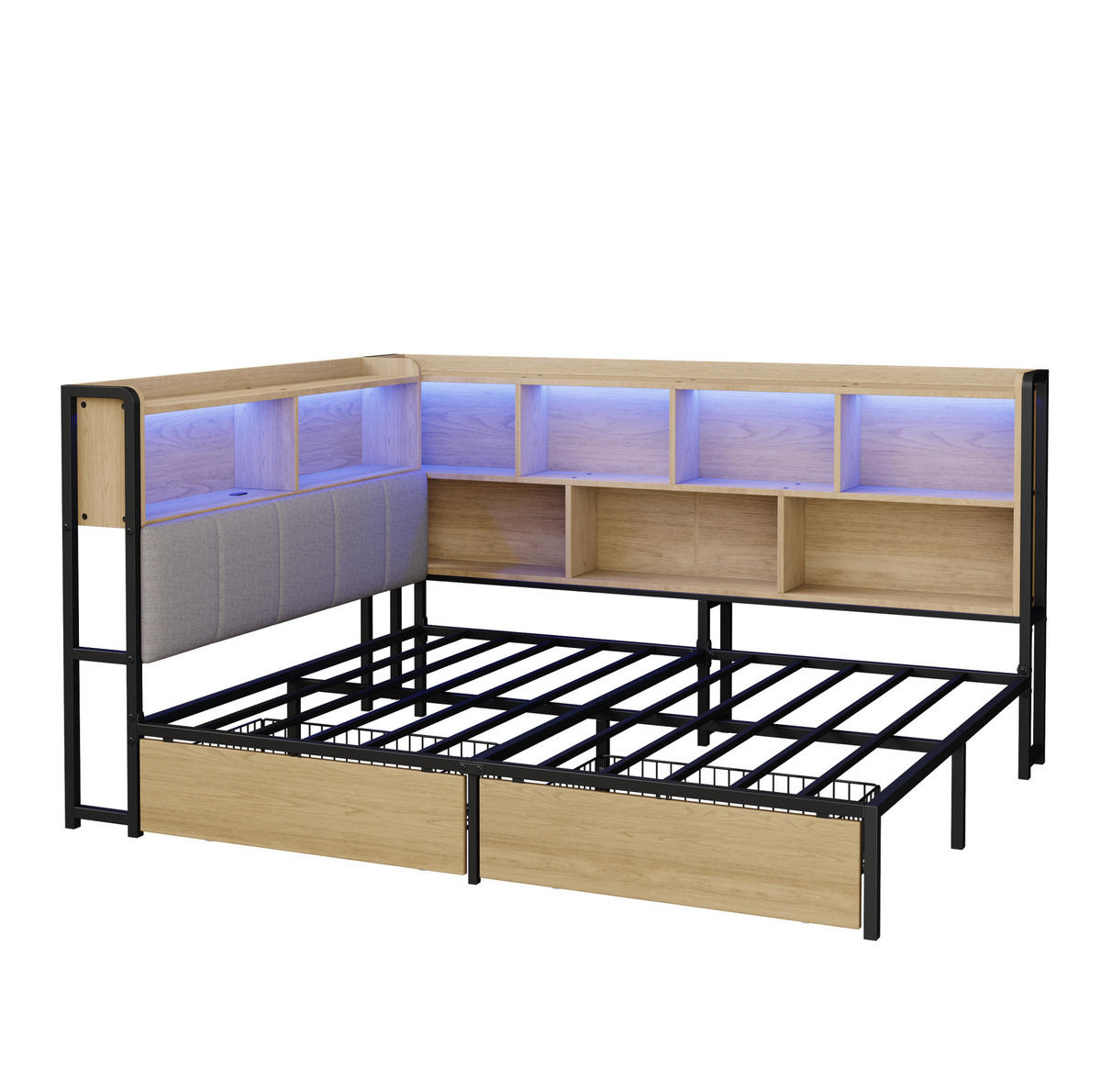 ČALÚNENÁ posteľ 90x200/140x200 cm s LED osvetlením, USB a Type-C nabíjaním, úložným priestorom a 2 zásuvkami, Sivá - prírodná farba, kompozitné drevo (140/200cm) - Redom