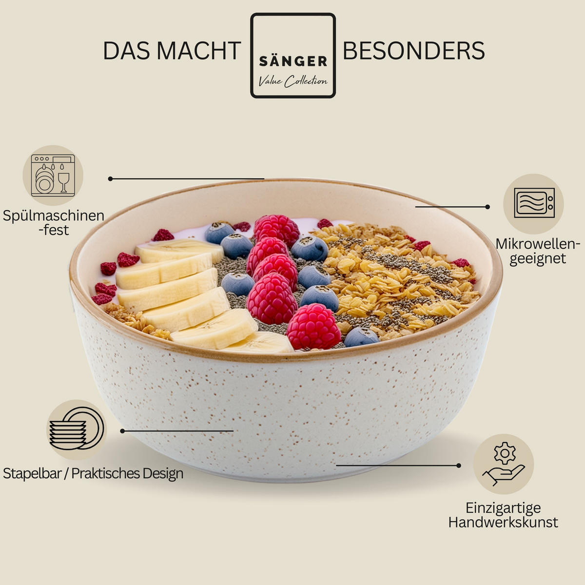 SCHALEN SET RIO CREME - 6 teilig aus Steingut - Creme, Stein (25cm) - Sänger