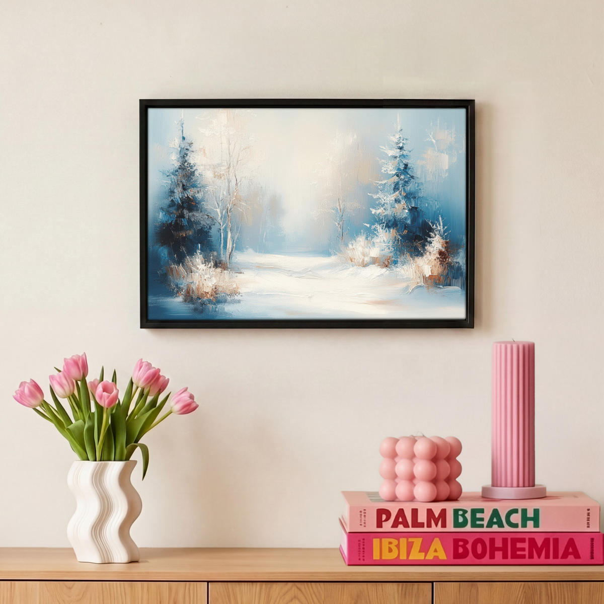 LEINWAND Bilder mit Rahmen - Wald – Winter – Natur – Abstrakt – Schnee - 30x20 - Weiß, Textil (30/20cm) - MuchoWow