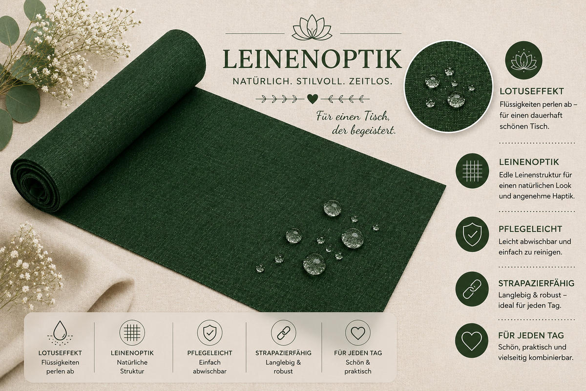 TISCHLÄUFER 40/100 cm Dunkelgrün Leinenoptik - Dunkelgrün, Textil (40/100cm) - TiborTex