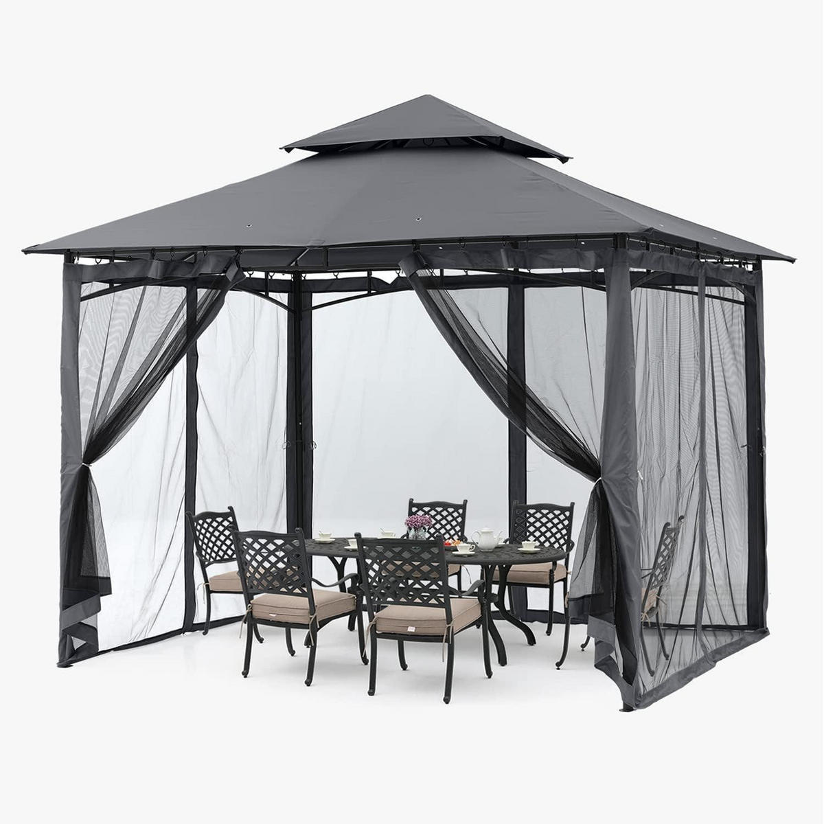 GARTENPAVILLON 2,5 x 2,5 m Grau mit Netz - Grau, Metall (274.3/280.4/274.3cm)