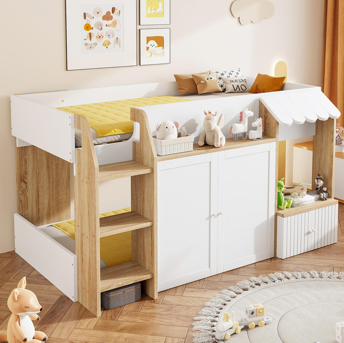 HAUSBETT 90/200 cm aus Holz – halbhohes Hochbett mit Leiter und Stauraum - Weiß, Holzwerkstoff (90/200cm) - BEAOK