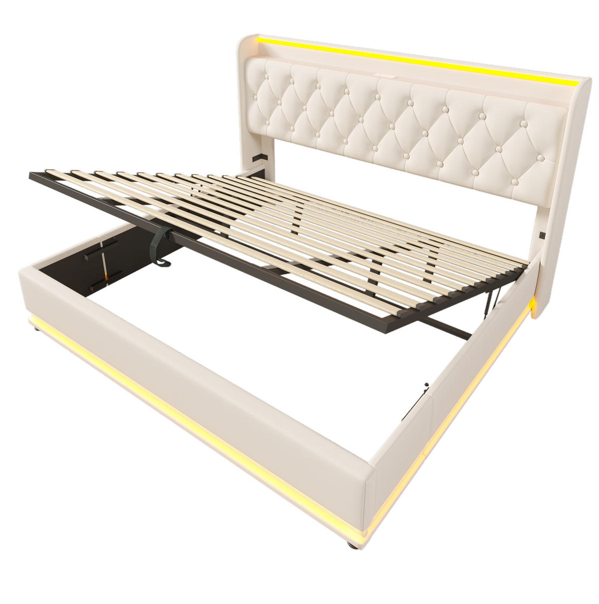 POLSTERBETT 180/200 cm Weiß mit 360-Grad-LED-Beleuchtung und USB-Anschluss - Weiß, Kunststoff (180/200cm) - OKWISH