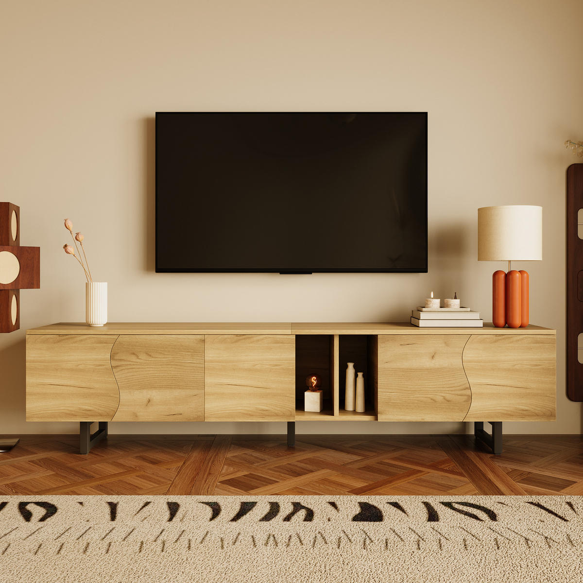 TV-SCHRANK aus MDF und Holzwerkstoff 191x38x46,5 cm Natur mit Stauraum und offenen Fächern, geschwungene Türen - Hellbraun, Holzwerkstoff (191/46.5/38cm) - Modfu