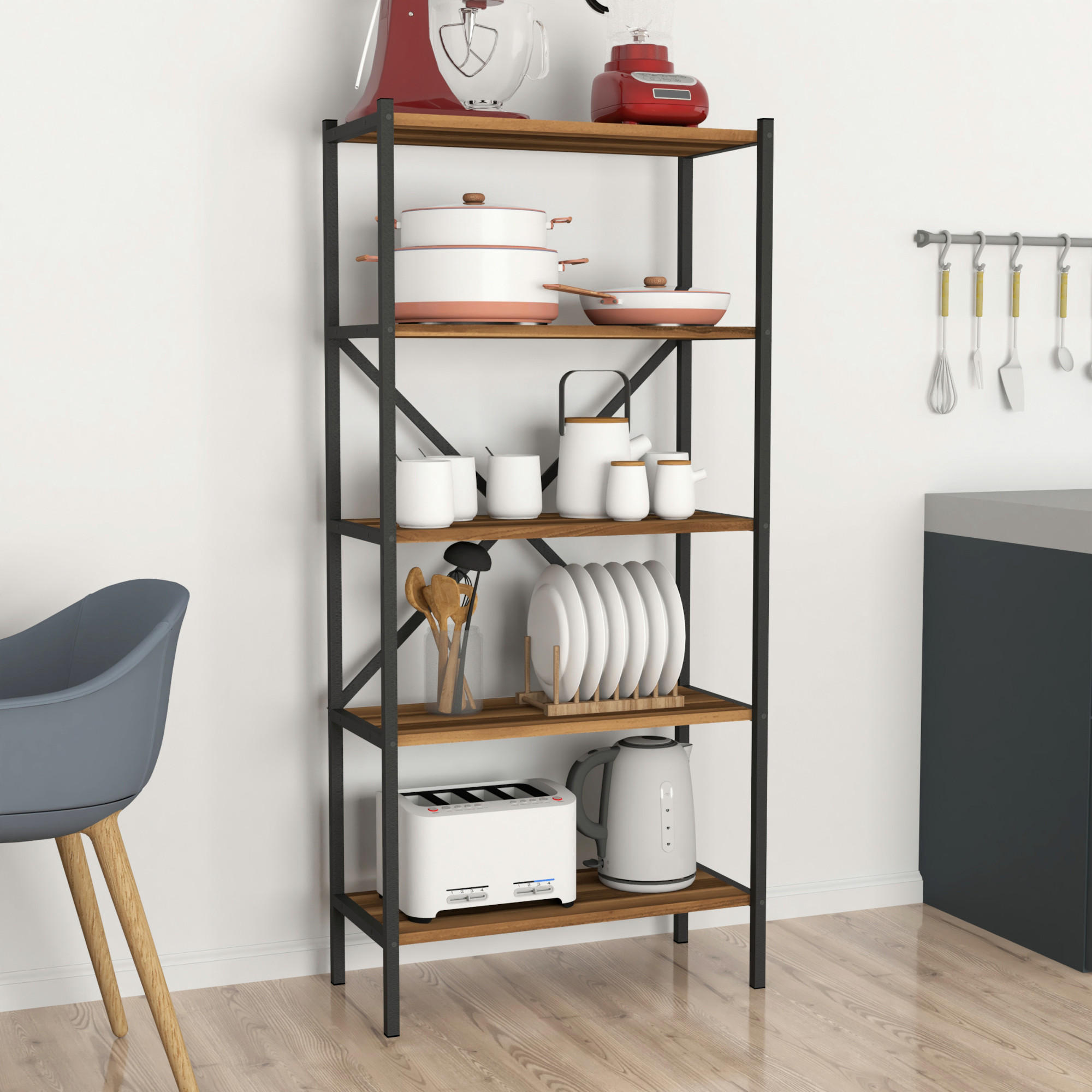 STANDREGAL Tomelilla - Anthrazit/Walnussfarben, Holzwerkstoff/Metall (66/160/34cm) - [en.casa]