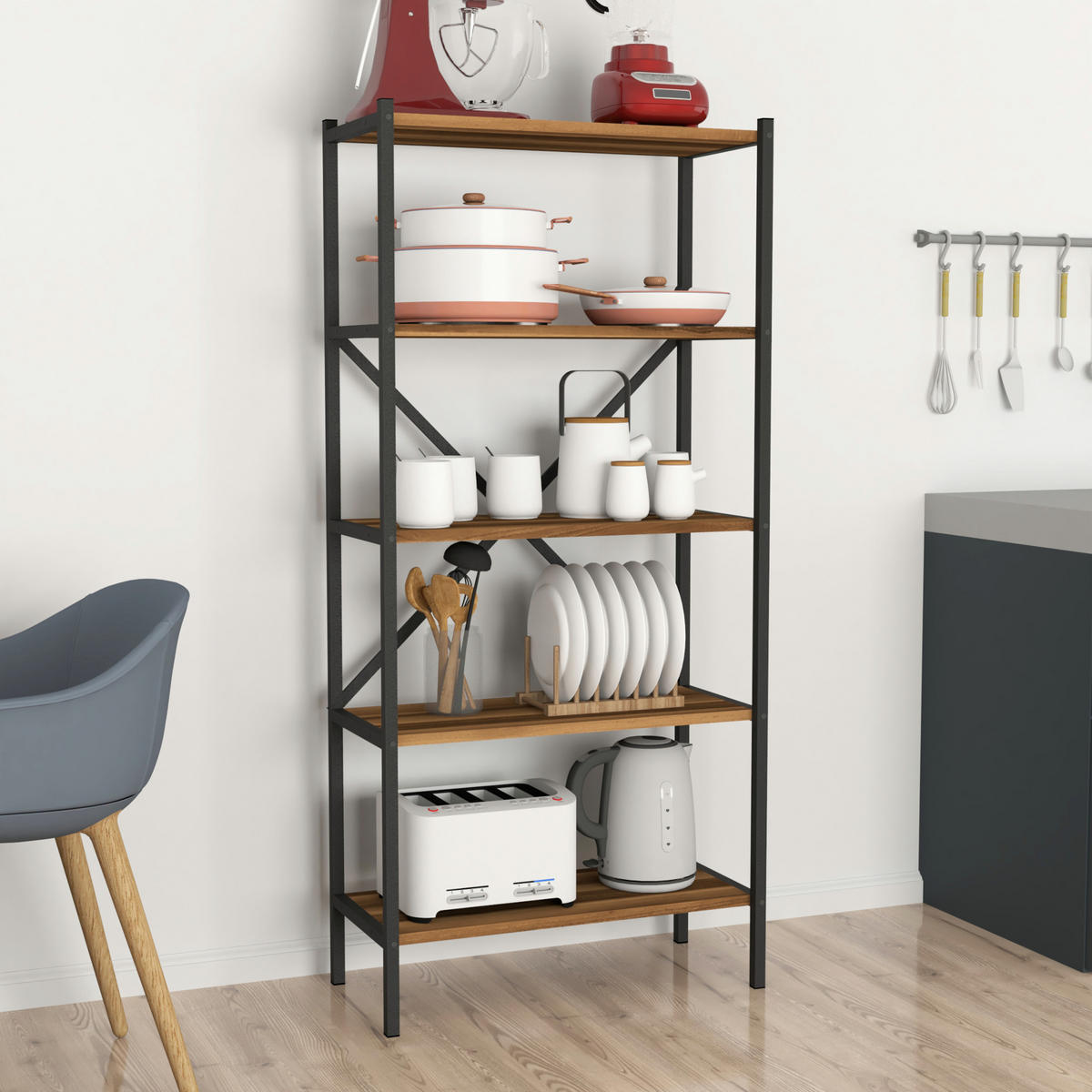 STANDREGAL Tomelilla - Anthrazit/Walnussfarben, Holzwerkstoff/Metall (66/160/34cm) - [en.casa]