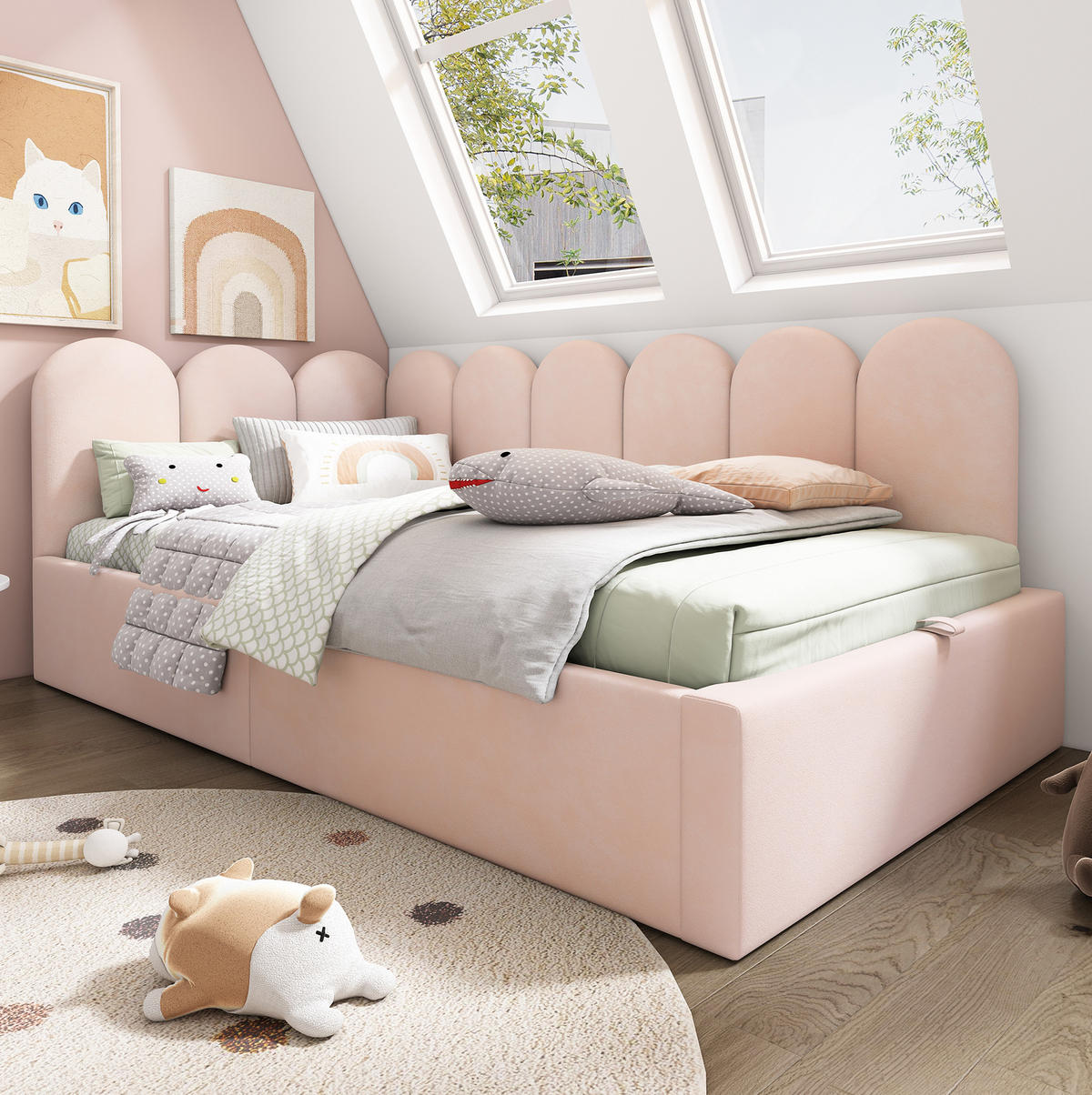 POLSTERBETT aus Samt 90x200 cm in Rosa mit hydraulischem Stauraum - Rosa, Textil (90/200cm) - Modfu