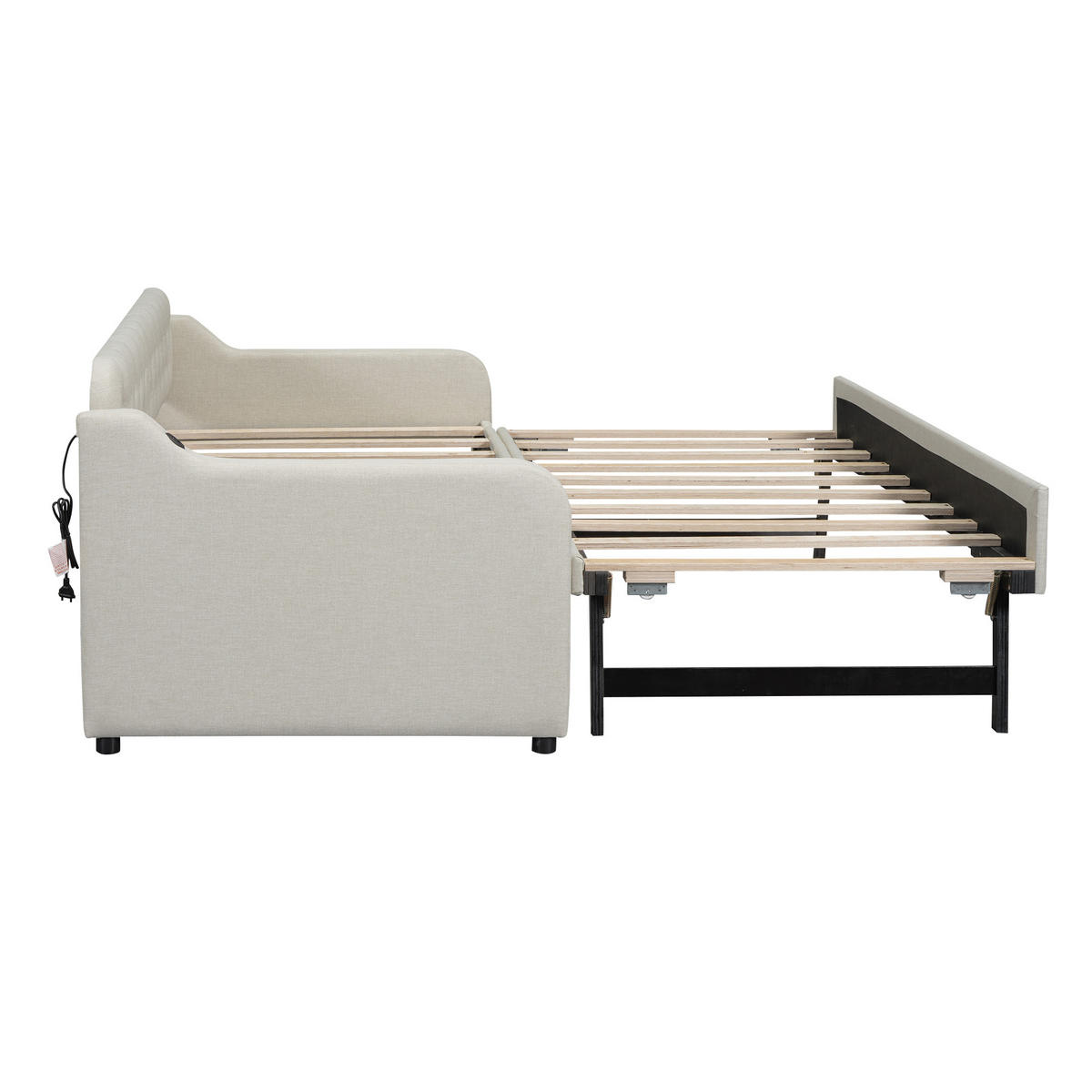 POLSTERBETT 90/200cm mit ausziehbarem Rollbett und USB-Anschluss Beige - Beige, Textil - OKWISH