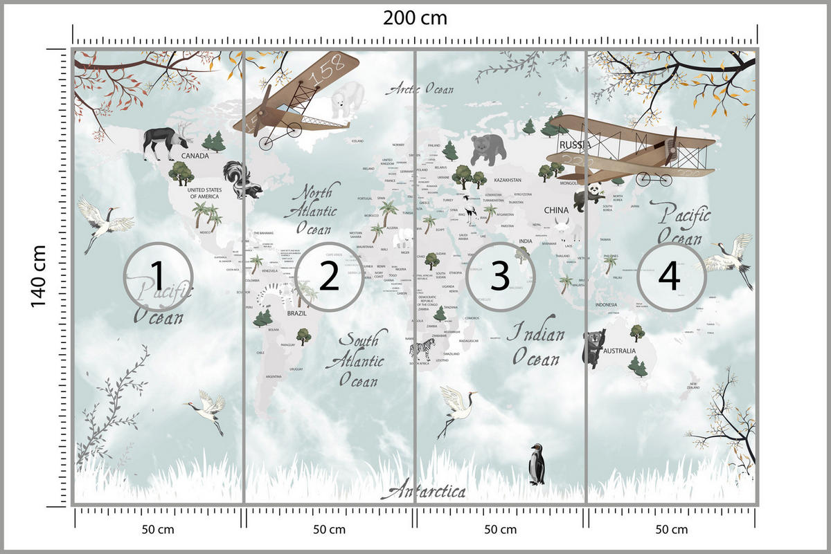 FOTOTAPETE für Kinderzimmer Weltkarte Tiere Flugzeuge Pflanzen 200x140 - Blau/Beige, Papier (200/140cm) - Muralo