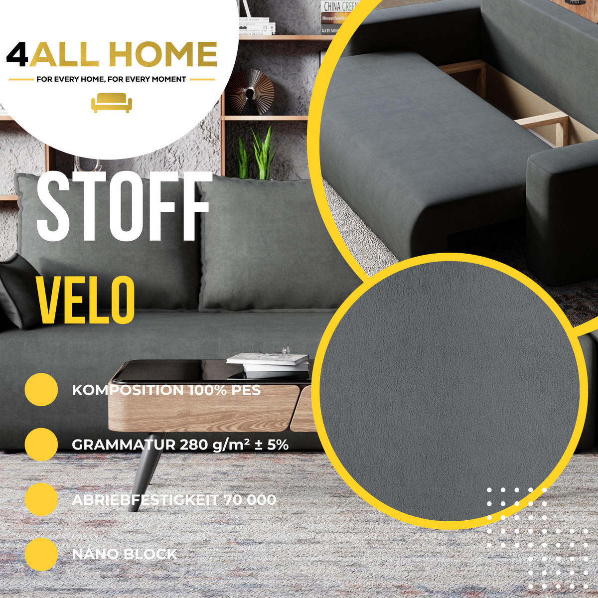 SOFA Bubi mit Bettkasten und Schlaffunktion, Velourstoff - Graphitfarben, Holzwerkstoff (242/85/95cm)