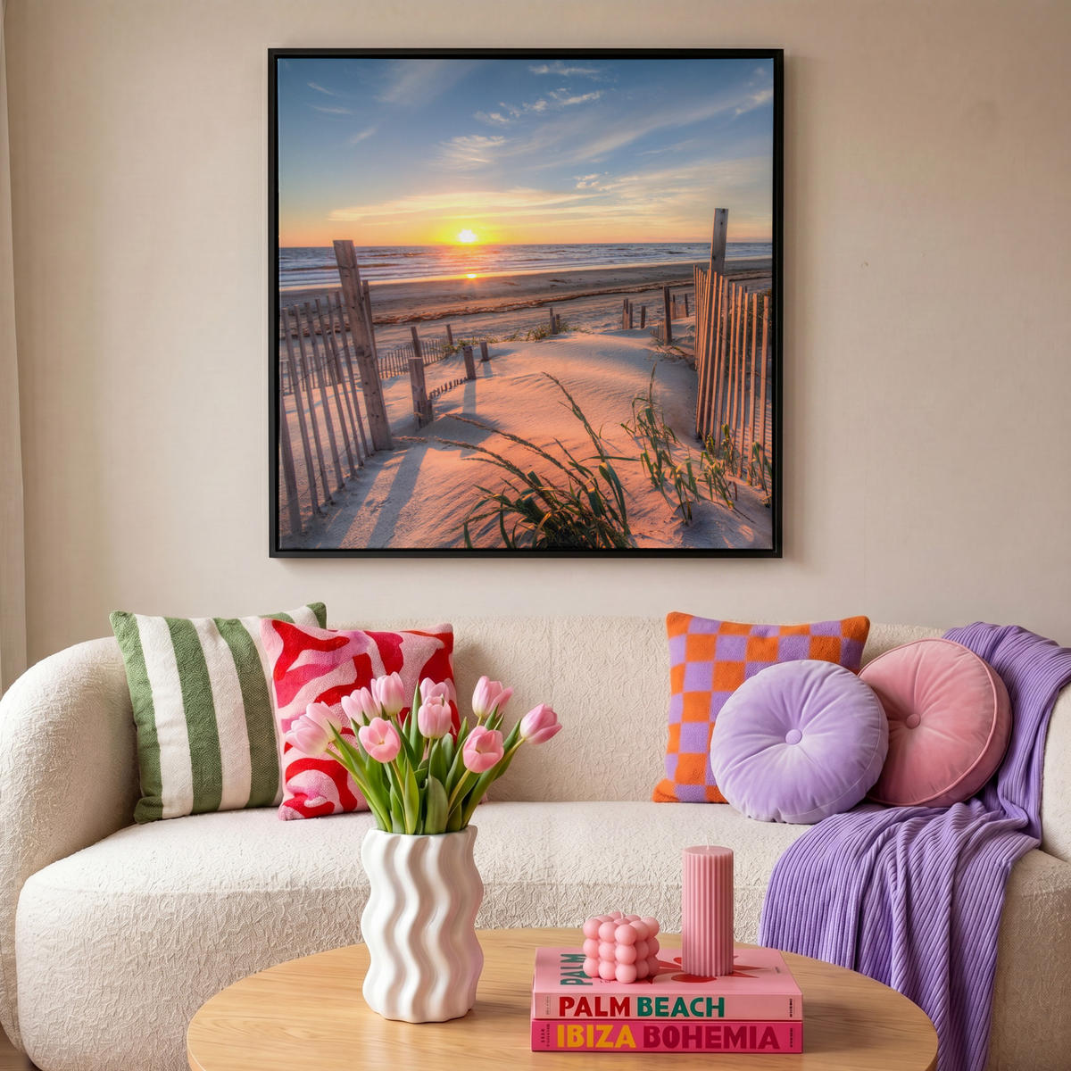 LEINWAND Bilder mit Rahmen - Strand - Meer - Düne - Sonnenuntergang - Landschaft - 90x90 - Beige, Textil (90/90cm) - MuchoWow