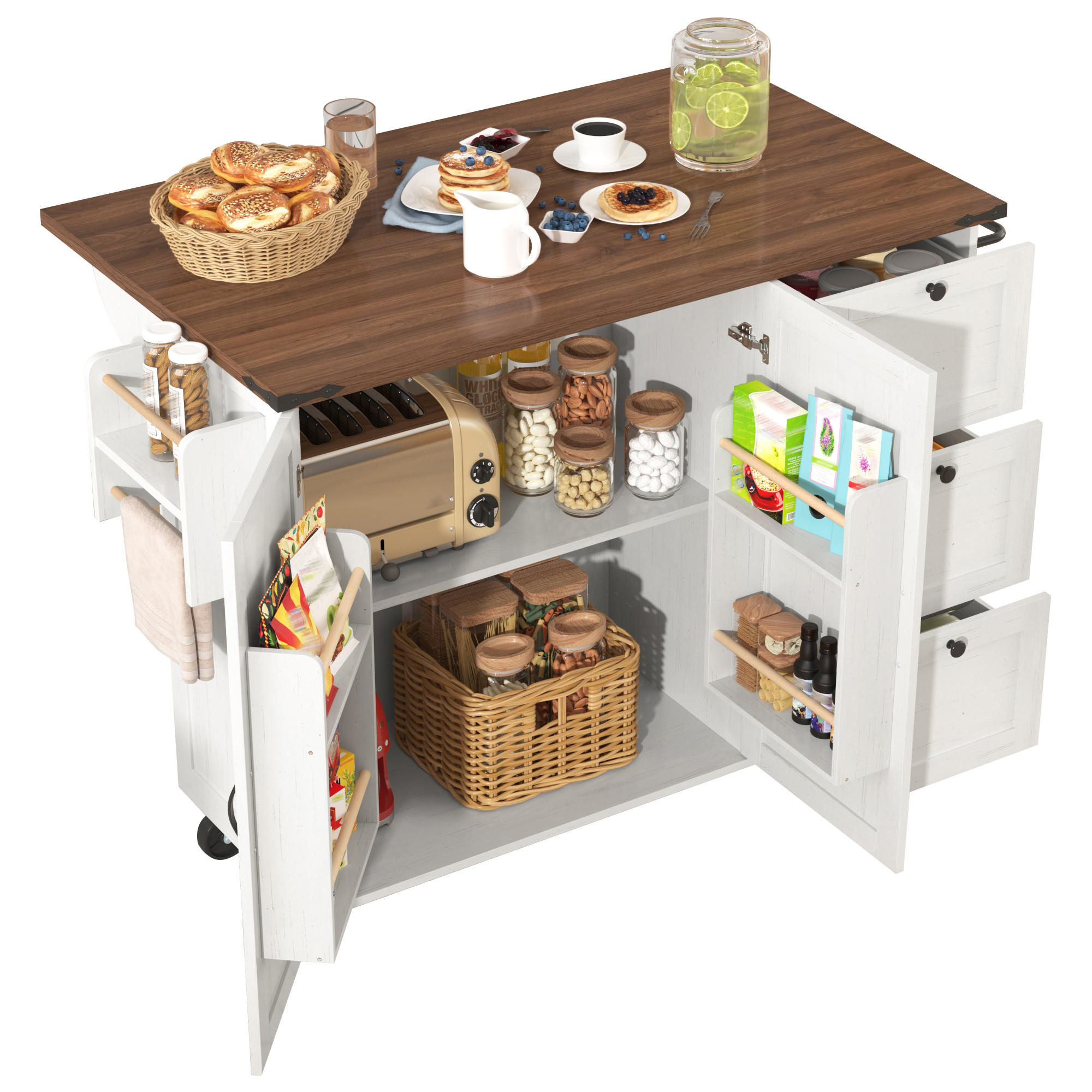 KÜCHENINSEL in Weiß und Naturfarben Servierwagen mit Schubladen für Küche und Esszimmer, B140/T45/H92.5 cm - Beige, Holzwerkstoff/Metall (140/92.5/73cm) - STILVORA