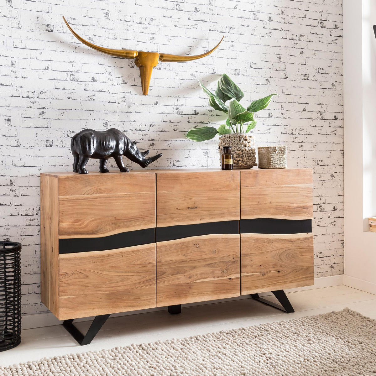 SIDEBOARD – Akazie Massivholz, 148x85x43 cm, Baumkante, Landhausstil, breit - Schwarz/Braun, Akazienholz/Holz (148/85/43cm) - KADIMA DESIGN