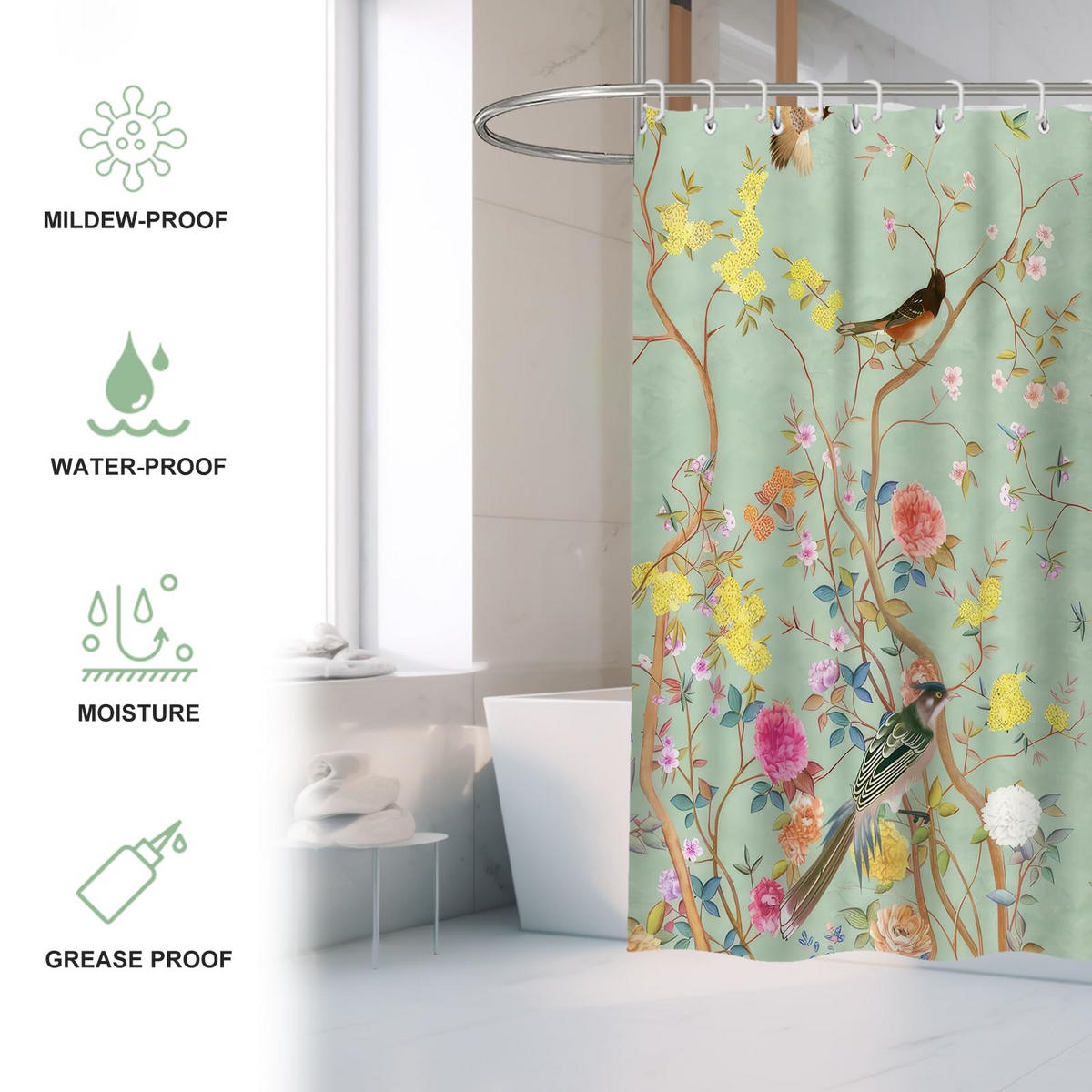 DUSCHVORHANG schimmelresistent 100% Polyester Badezimmer wasserdicht floral Landschaft mit Haken 180 x 180 cm - Grün, Textil (180/180cm) - MCBOSON