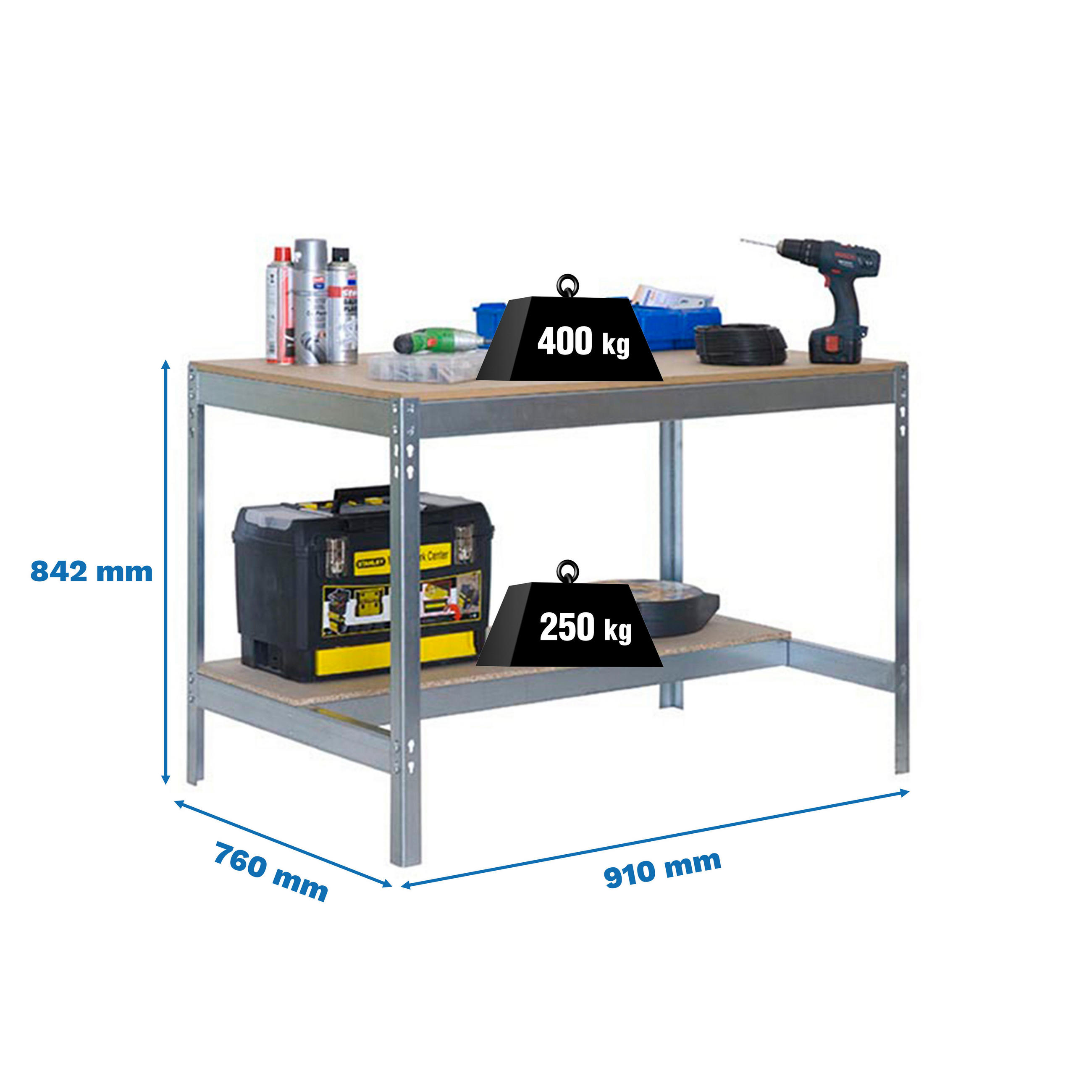 WERKBANK Buffalo HxBxT 84 x 90 x 76 cm Traglast 400 kg Verzinkt - Silberfarben, Holz (90/84/76cm) - PROREGAL