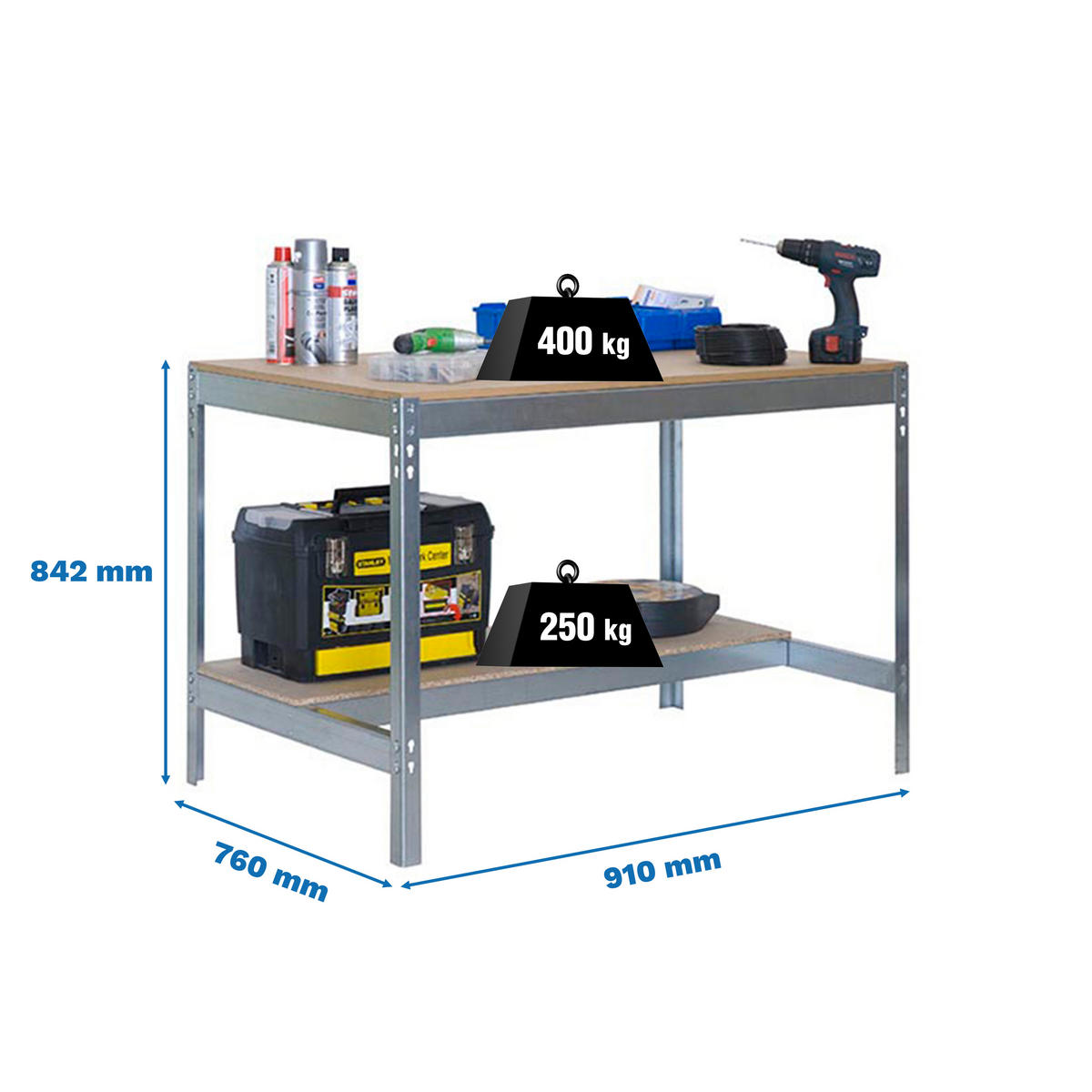 WERKBANK Buffalo HxBxT 84 x 90 x 76 cm Traglast 400 kg Verzinkt - Silberfarben, Holz (90/84/76cm) - PROREGAL