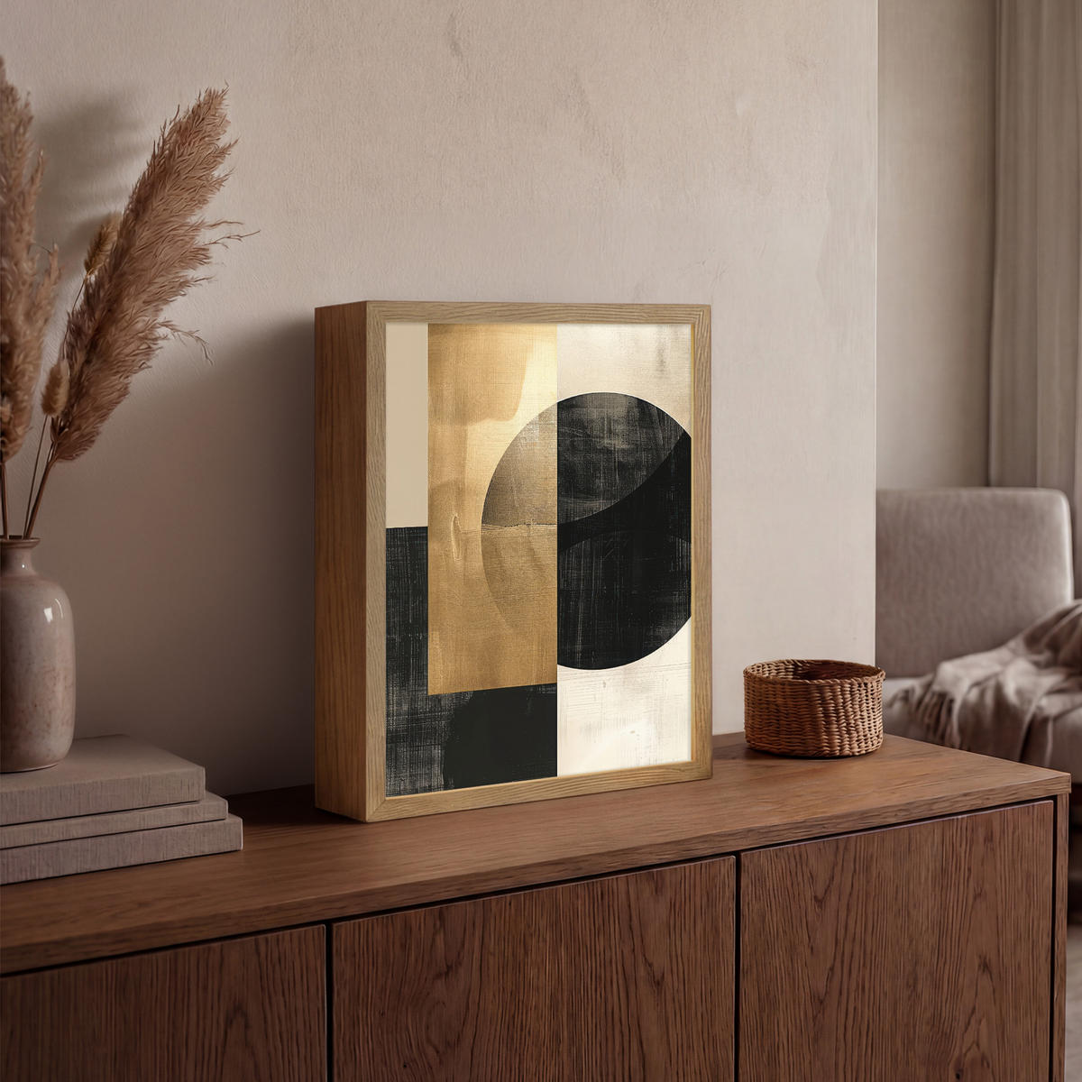 NÁSTĚNNÁ LAMPA S AKUMULÁTOREM Abstraktní - Moderní - Černá - Zlatá 30x40 cm - písková barva, kompozitní dřevo (30/40/8cm) - OnlyWow