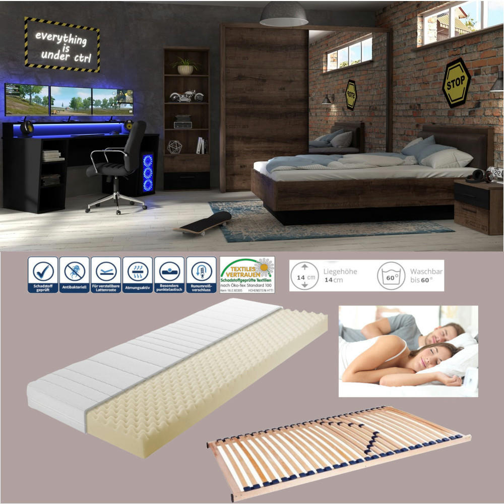 JUGENDZIMMER Tezaur "Jacky" in Schlammeiche, Schwarz und Schwarzeiche 7 teilig Gamingzimmer mit RGB LED - Braun, Holzwerkstoff (120/200/80cm)