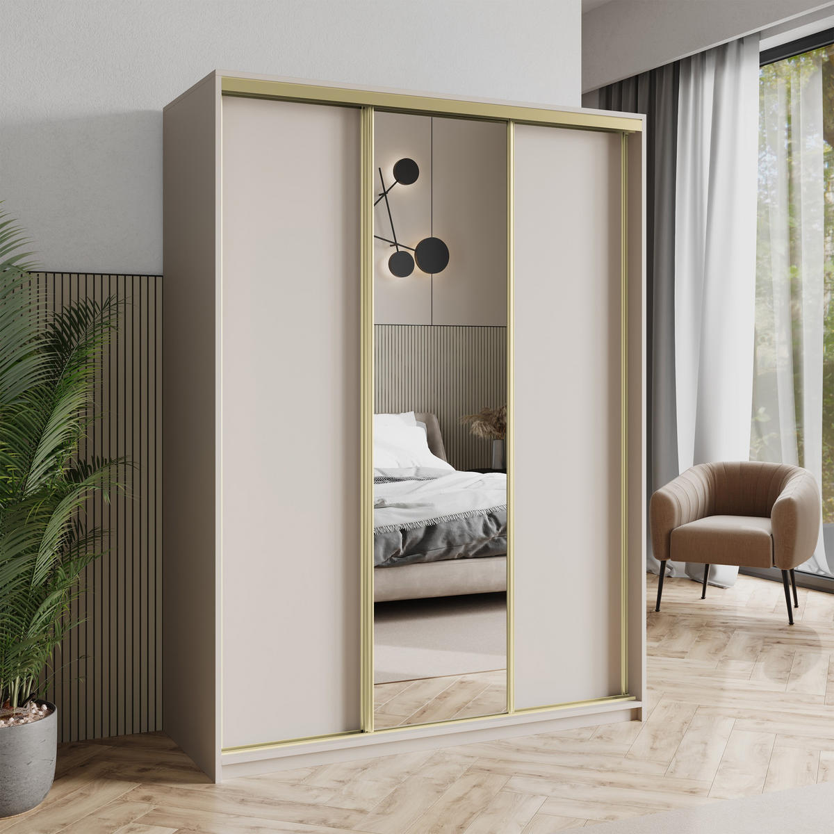 SCHWEBETÜRENSCHRANK TAVI 150/205/60 cm 3-türig mit Spiegel Kaschmir - Kaschmir, Holzwerkstoff (150/205/60cm) - MASSENO