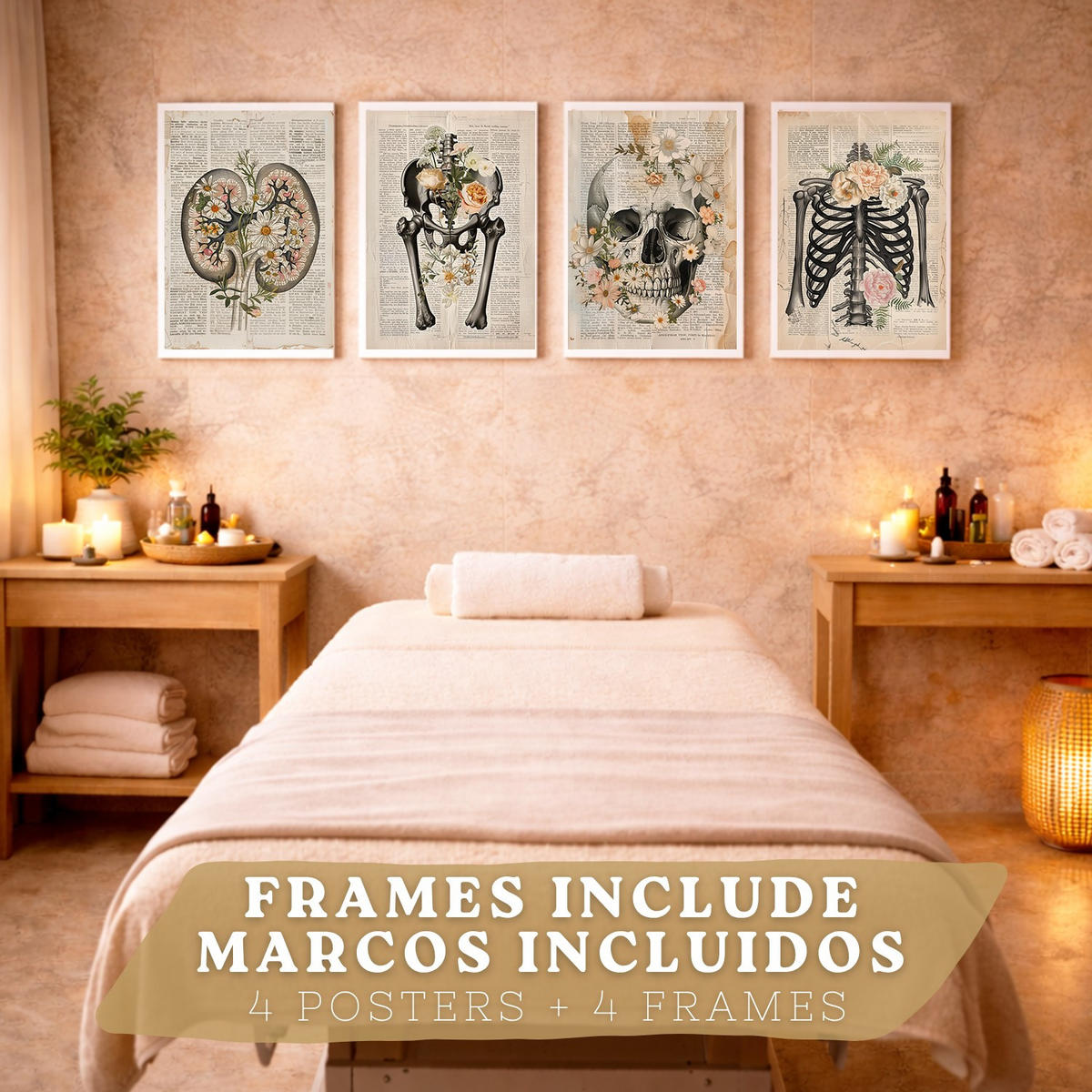 POSTER Set aus 4 Anatomie Drucke und Wandbilder mit Nieren Becken Knochen Hüfte Rippen Wirbelsäule Schädel Antiker Buch Stil Größe Weißer Rahmen A3 - Weiß, Papier (29.7/42/3cm) - Nacnic