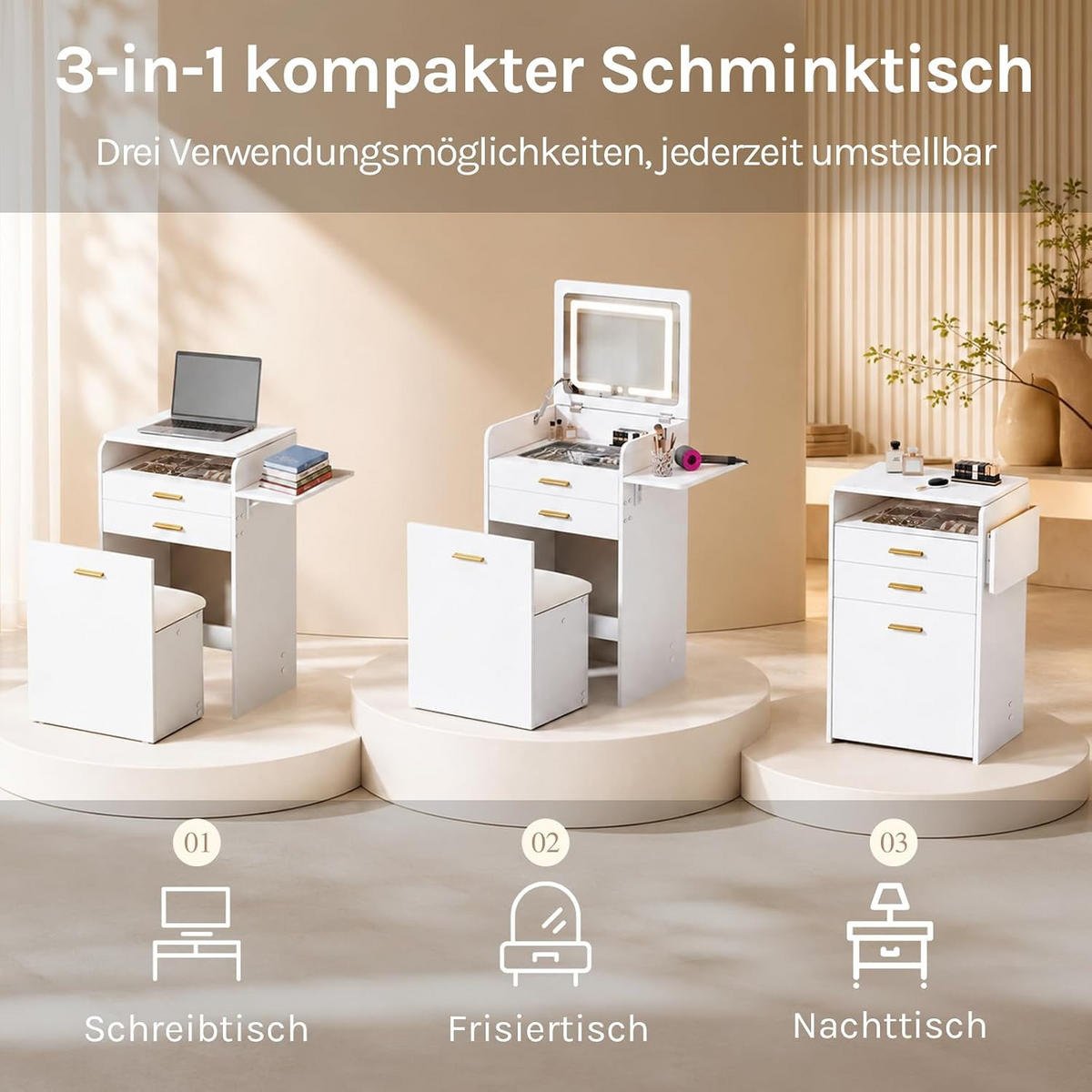 SCHMINKTISCH mit LED, klappbarer Spiegel, Hocker, Weiß - Weiß, Glas/Holz (50/87.2/40cm) - Woltu
