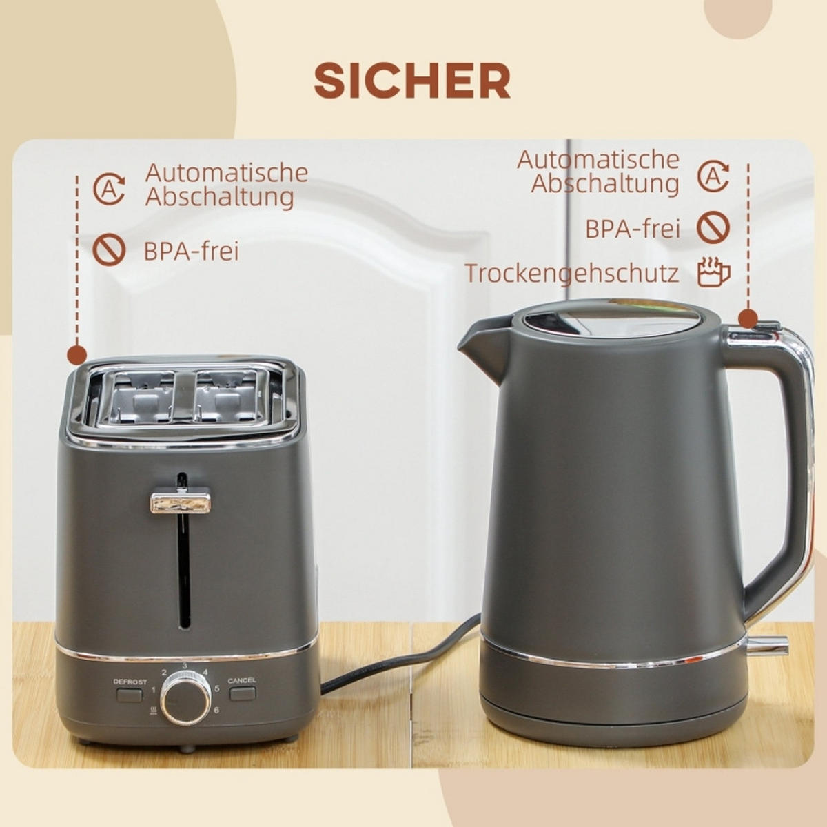 WASSERKOCHER-TOASTER SET, 1,7 L Kapazität, 6 Bräunungsstufen, Grau - Grau, Kunststoff (16/24.3/21.2cm) - Rolipo