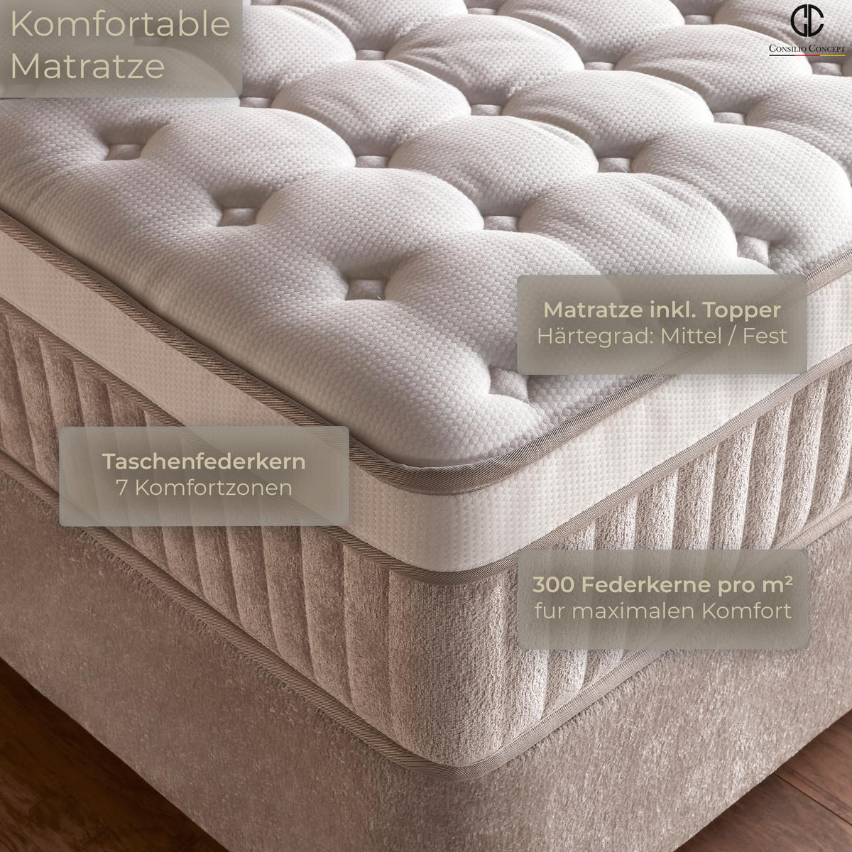 BOXSPRINGBETT MIT BETTKASTEN PALERMO 160/200 cm, Beige, Bettkasten, Matratze, Topper integriert, H3 mittel 7-Zonen Matratze - Creme/Schwarz, Holz/Kunststoff (160/200cm) - Consilio Concept