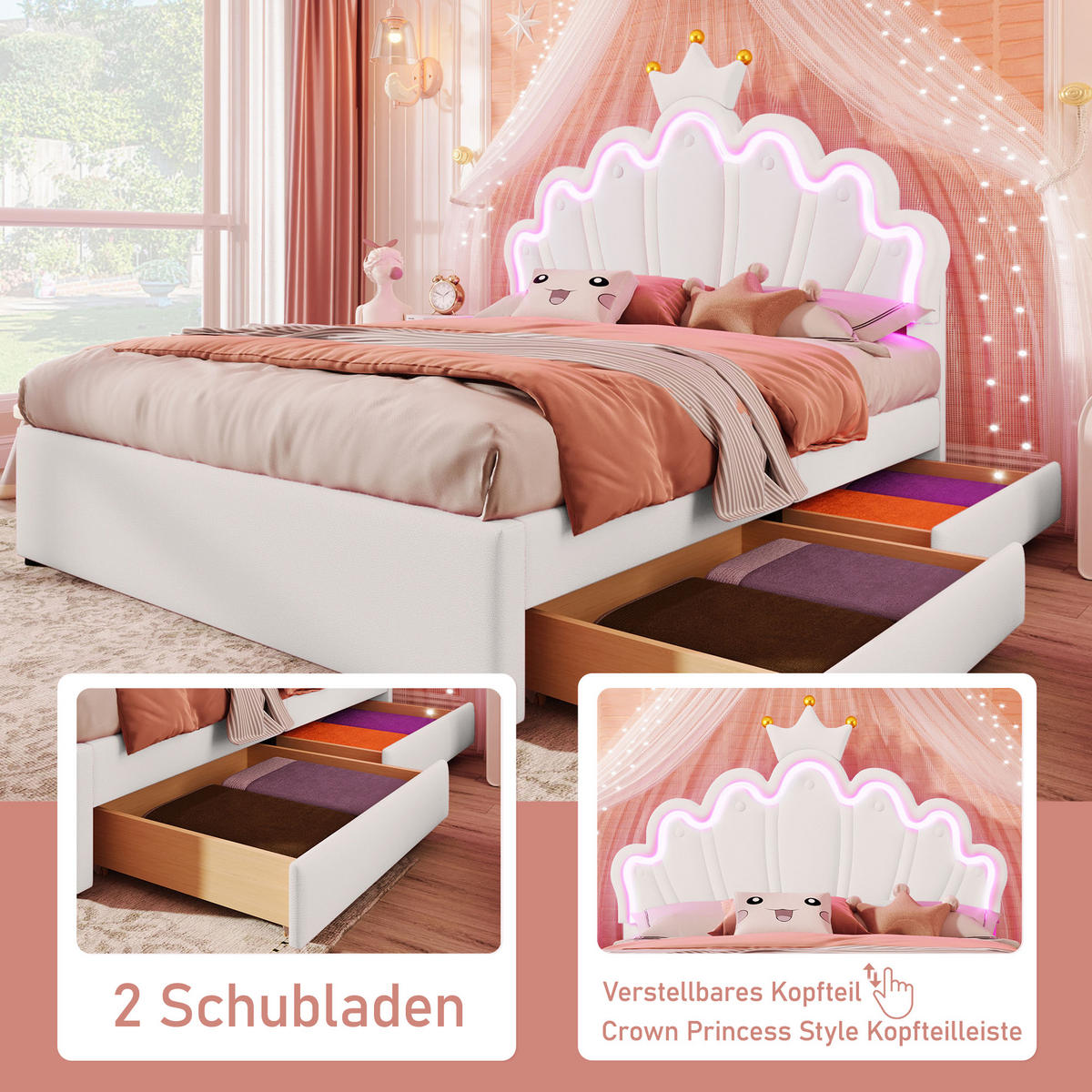 KINDERBETT 140/200 cm Weiß mit Ambientelicht und 2 Schubladen - Weiß, Leder (140/200cm) - OKWISH